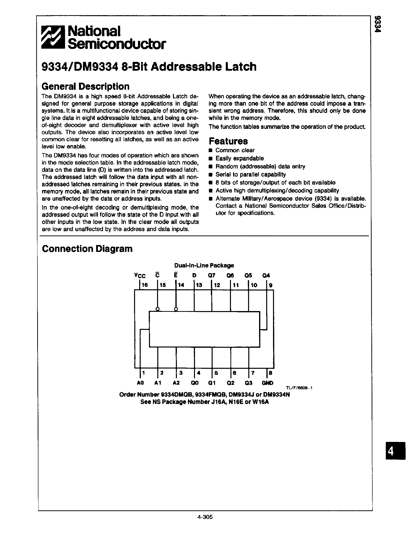 Datasheet DM8334 - 8-Bit Addressable Latch page 1