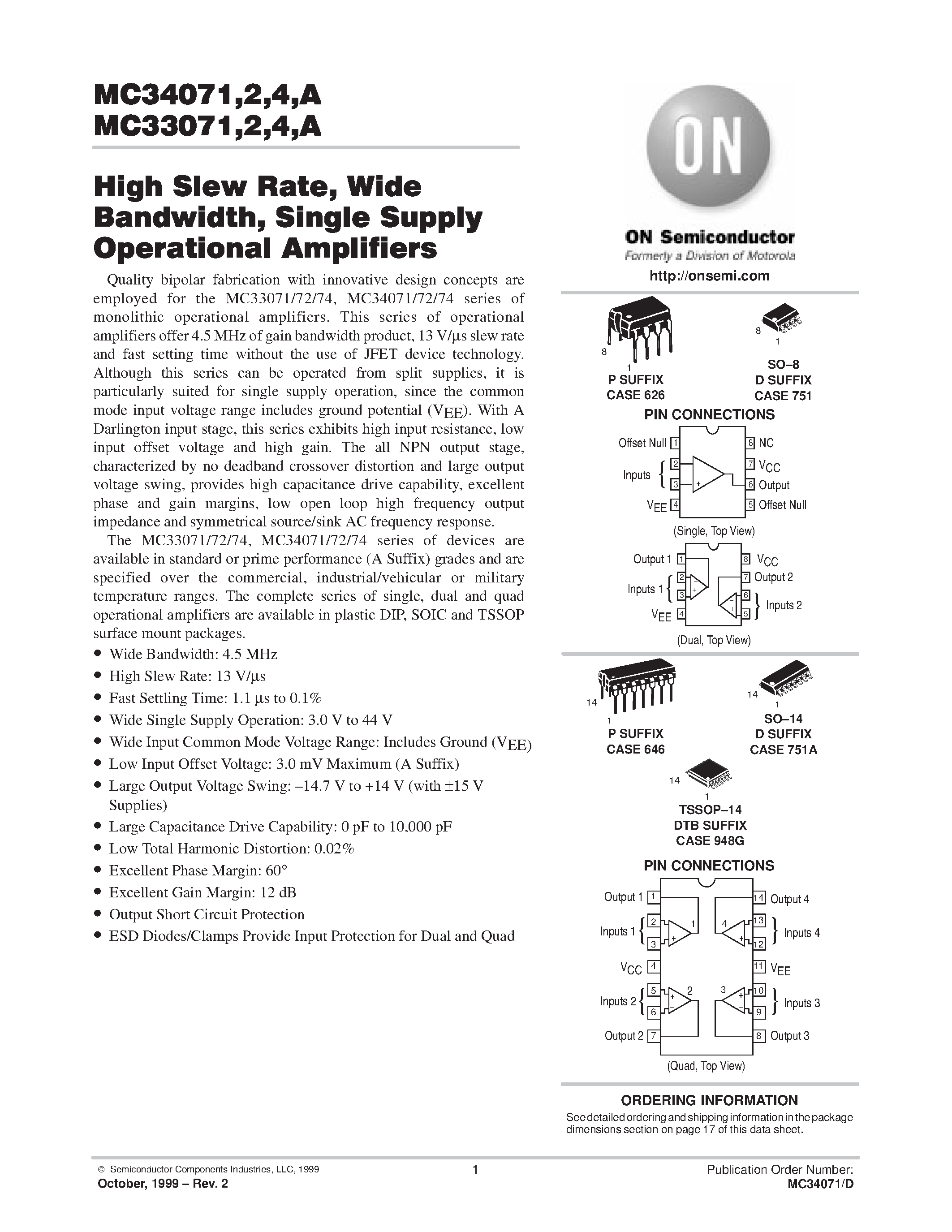 Даташит MC34071 - High Slew Rate / Wide Bandwidth / Single Supply Operational Amplifiers страница 1