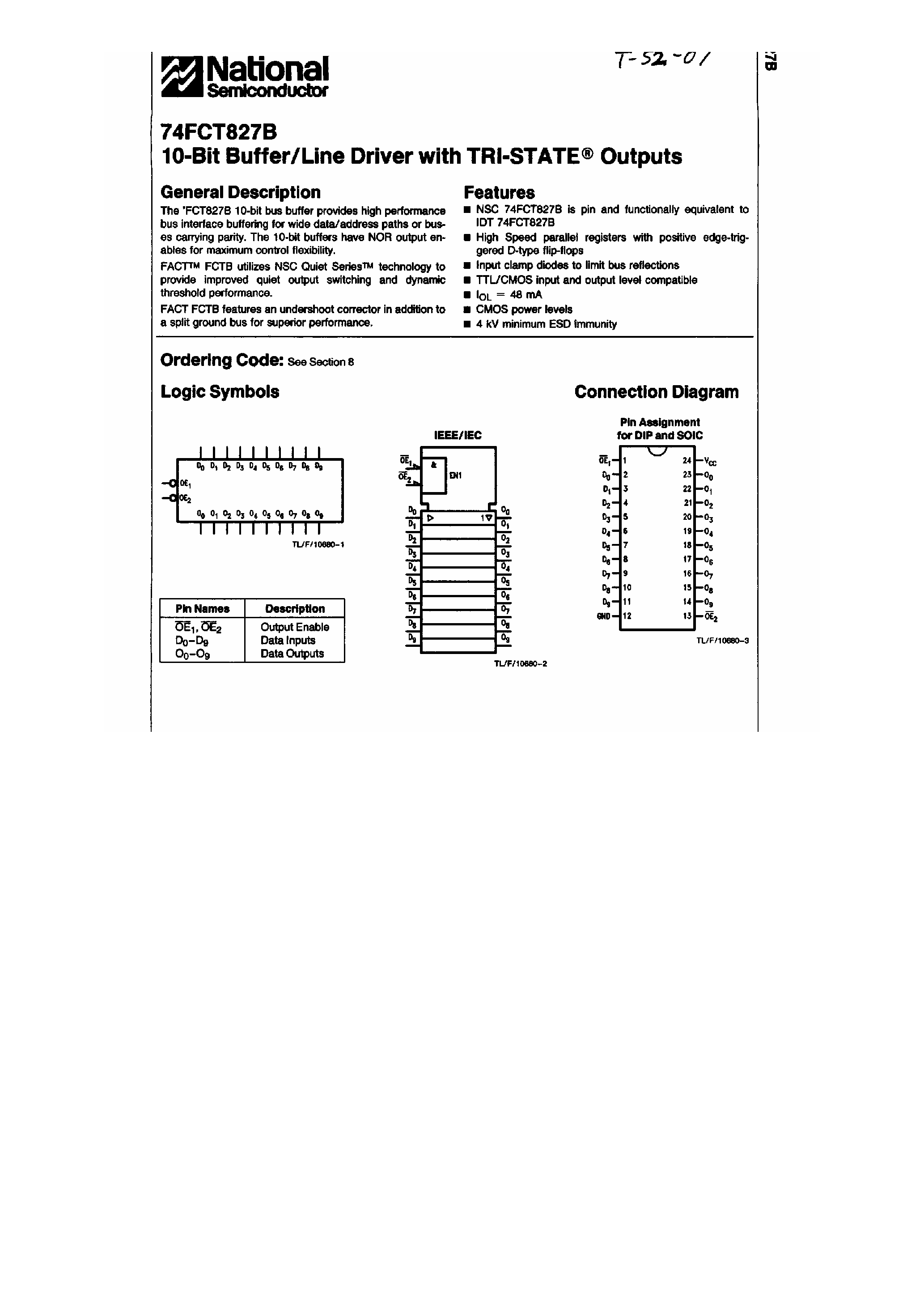 Datasheet 74FCT827B - 10-Bit Buffer / Line Driver with TRI-State Outputs page 1