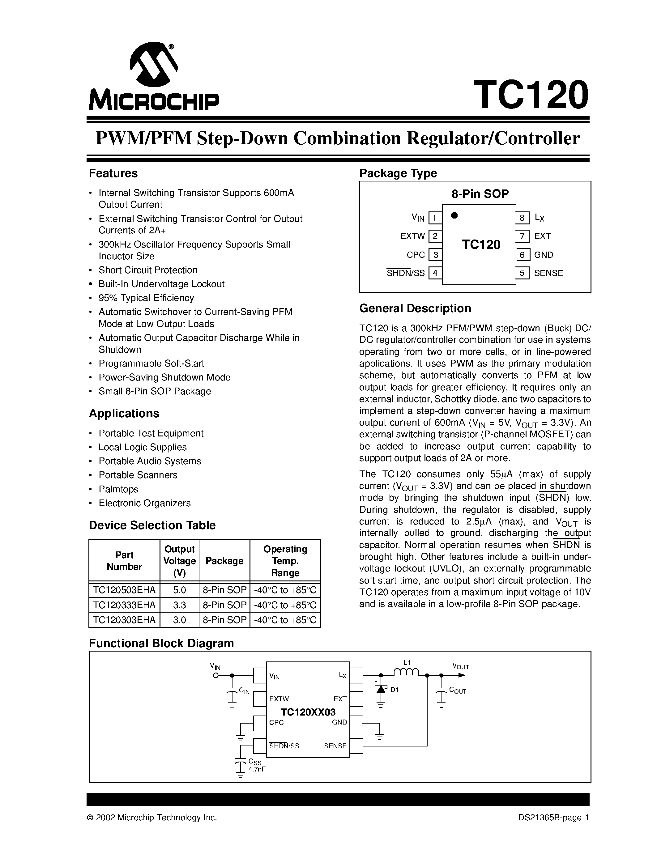 Datasheet TC120 - PWM/PFM Step-Down Combination Regulator/Controller page 1