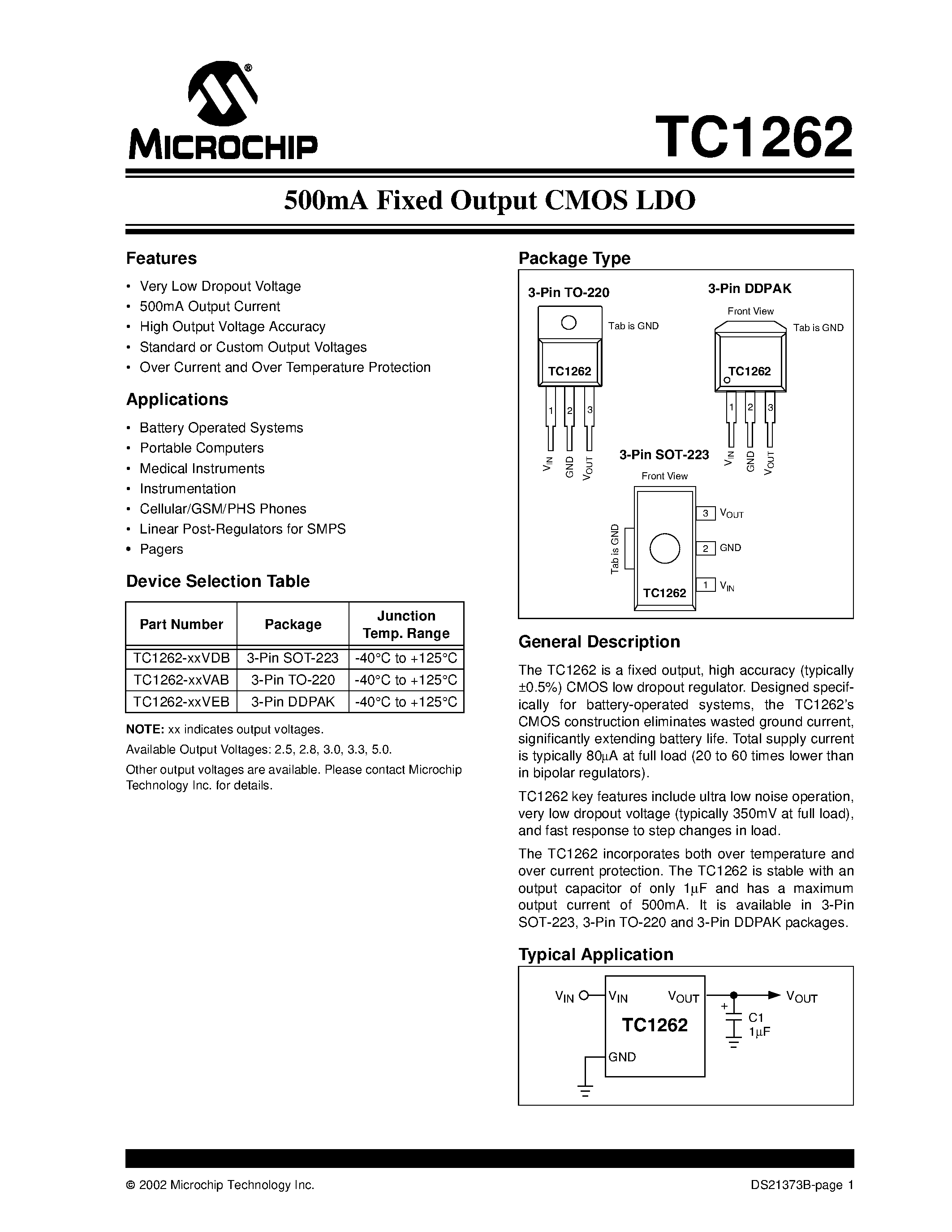 Datasheet TC1262 - 500mA Fixed Output CMOS LDO page 1