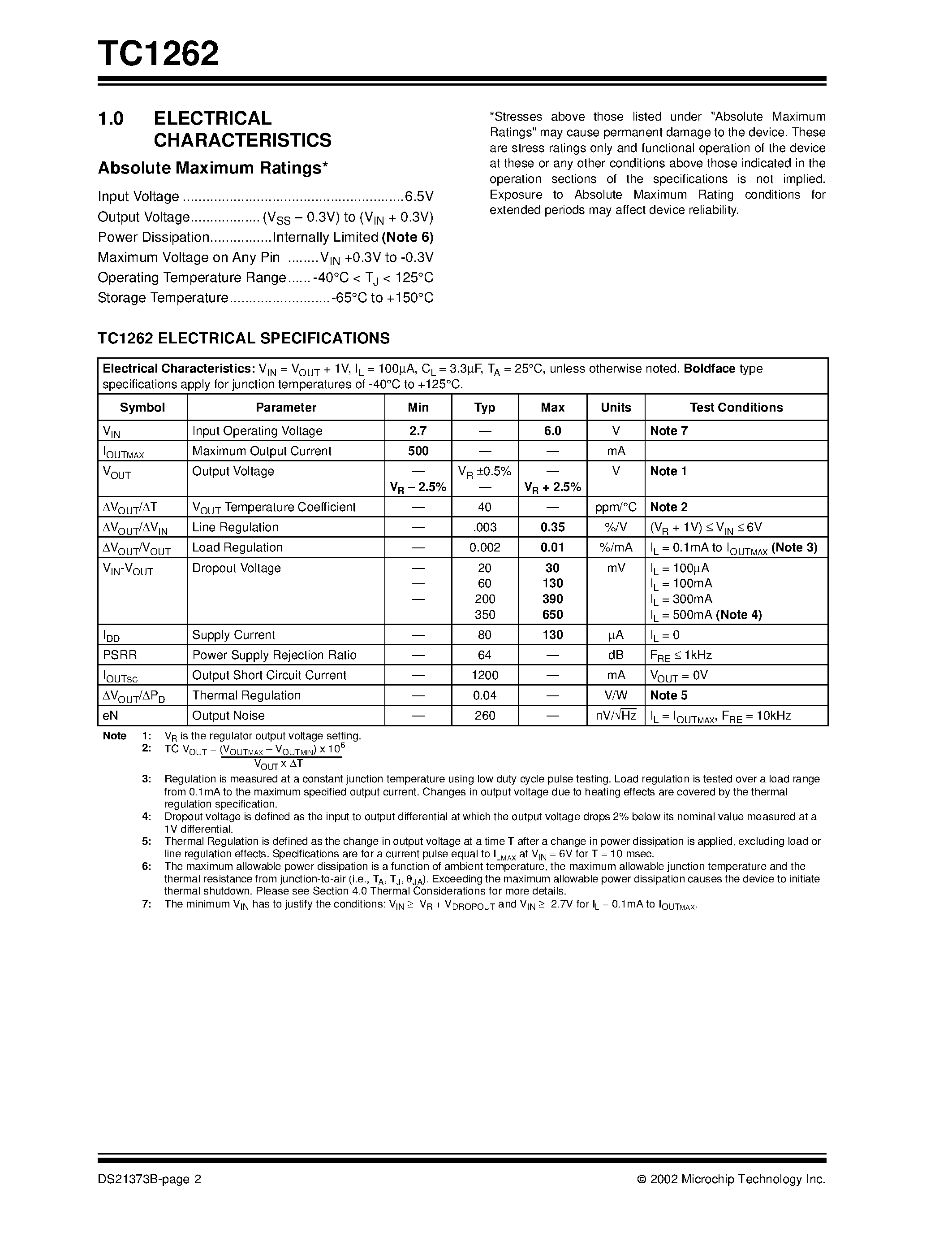 Datasheet TC1262 - 500mA Fixed Output CMOS LDO page 2