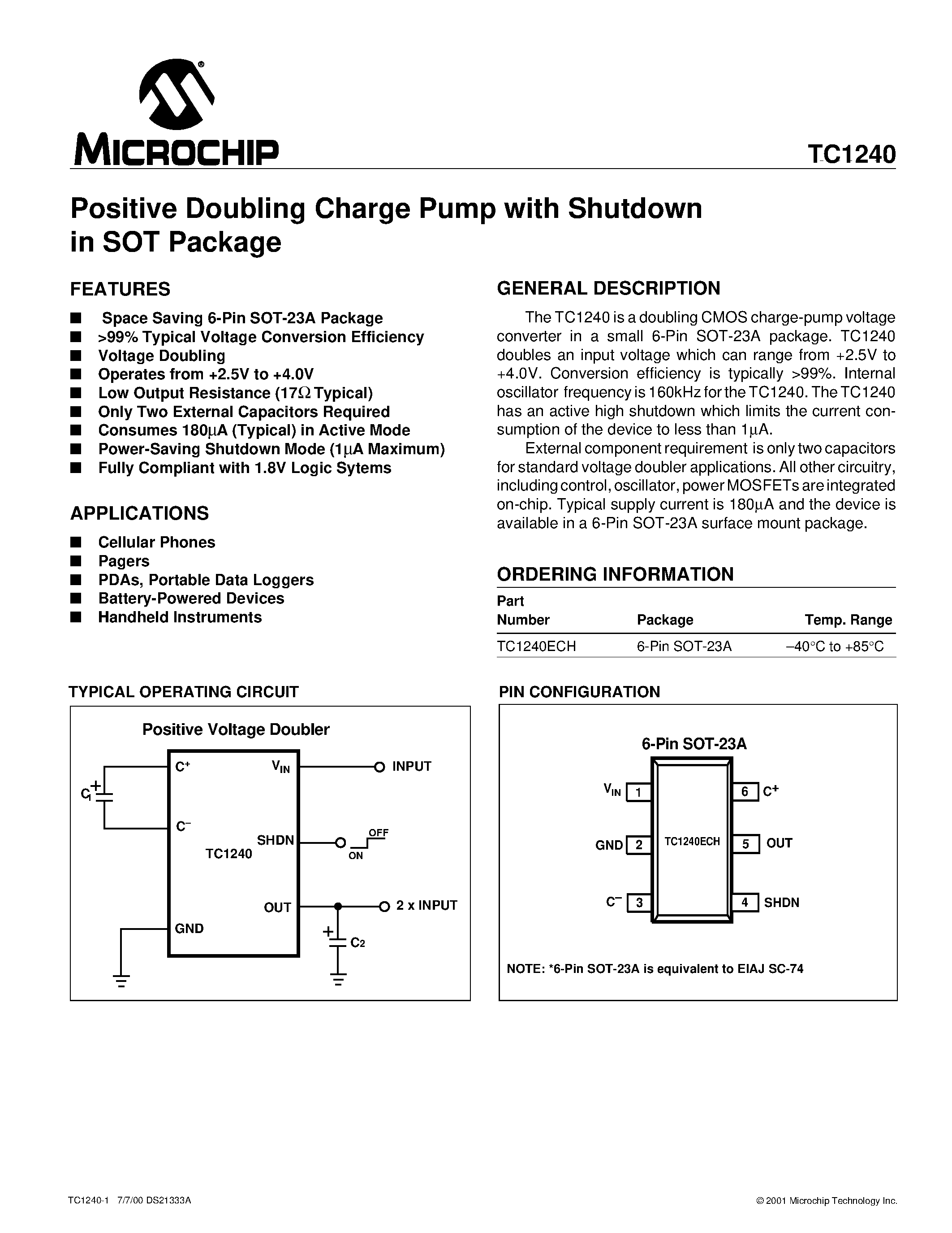 Datasheet TC1240 - Positive Doubling Charge Pump with Shutdown in SOT Package page 1
