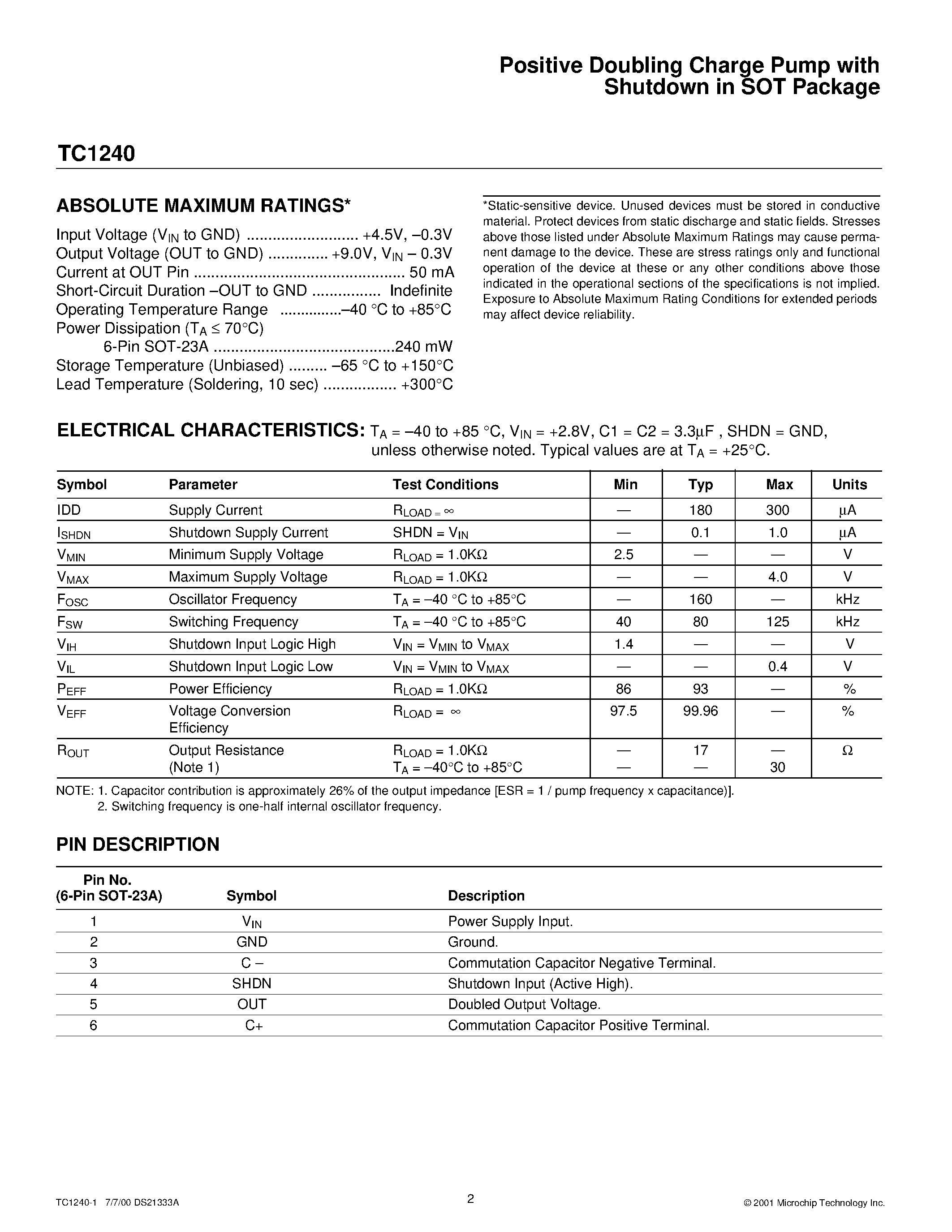 Datasheet TC1240 - Positive Doubling Charge Pump with Shutdown in SOT Package page 2