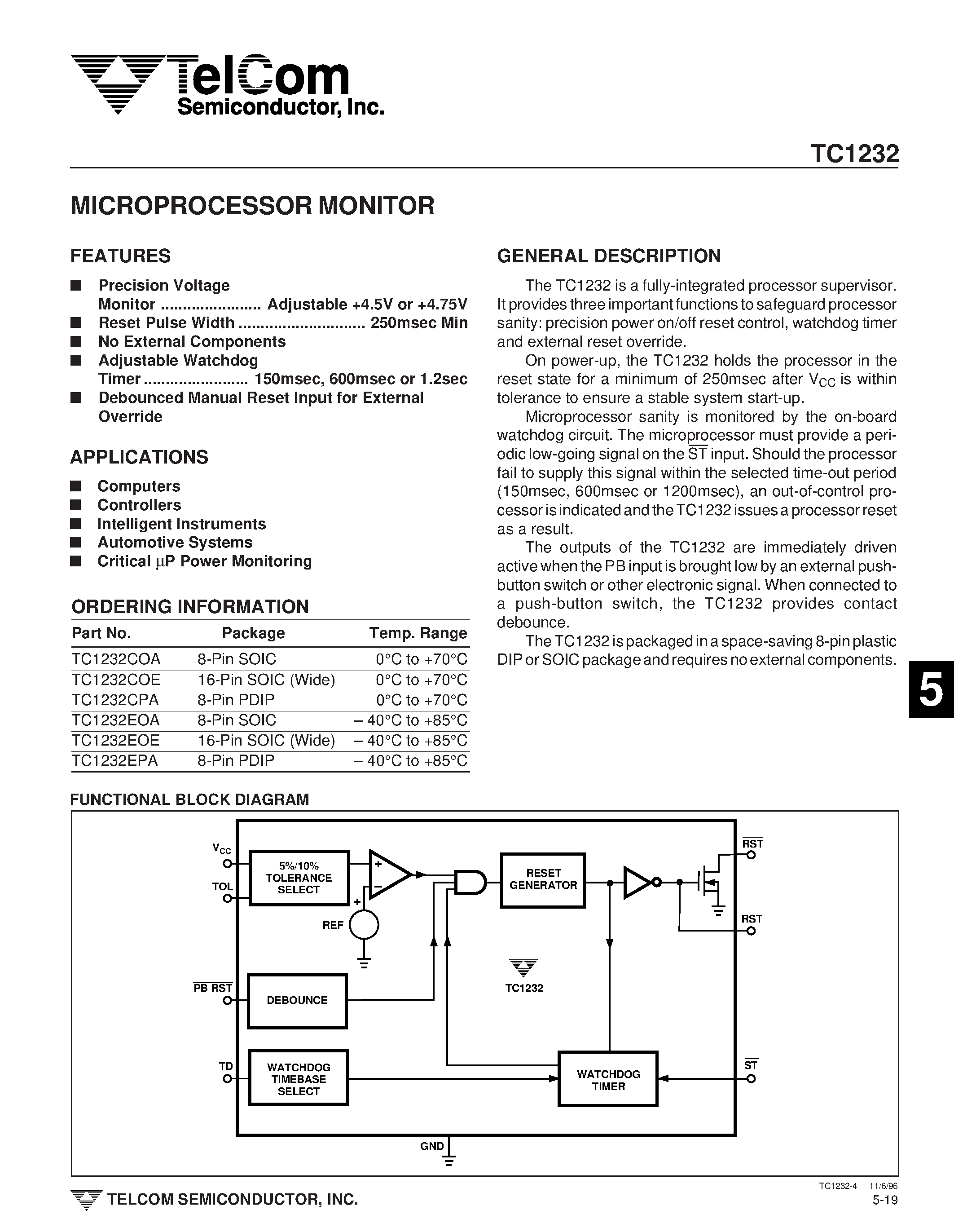 Datasheet TC1232 - MICROPROCESSOR MONITOR page 1