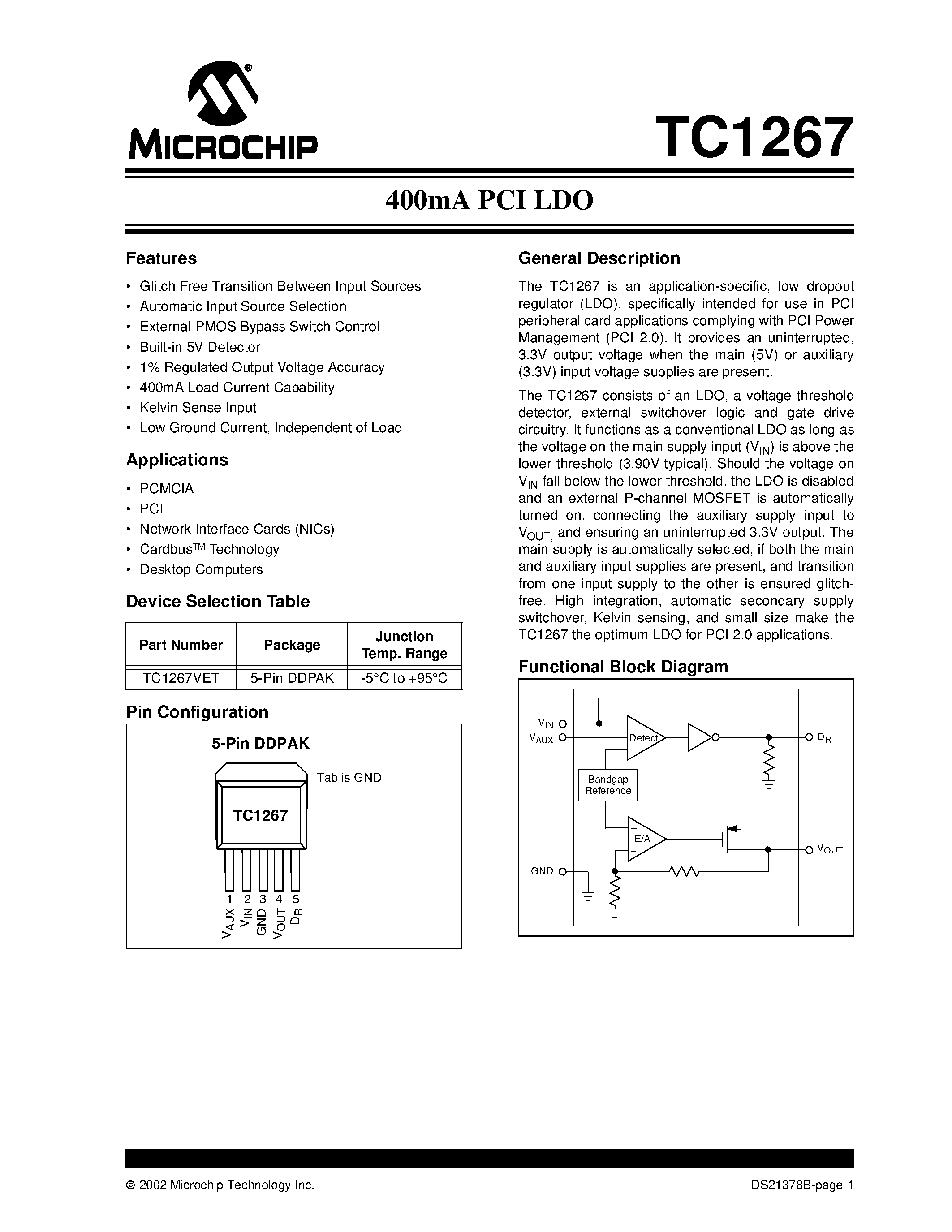 Datasheet TC1267 - 400mA PCI LDO page 1