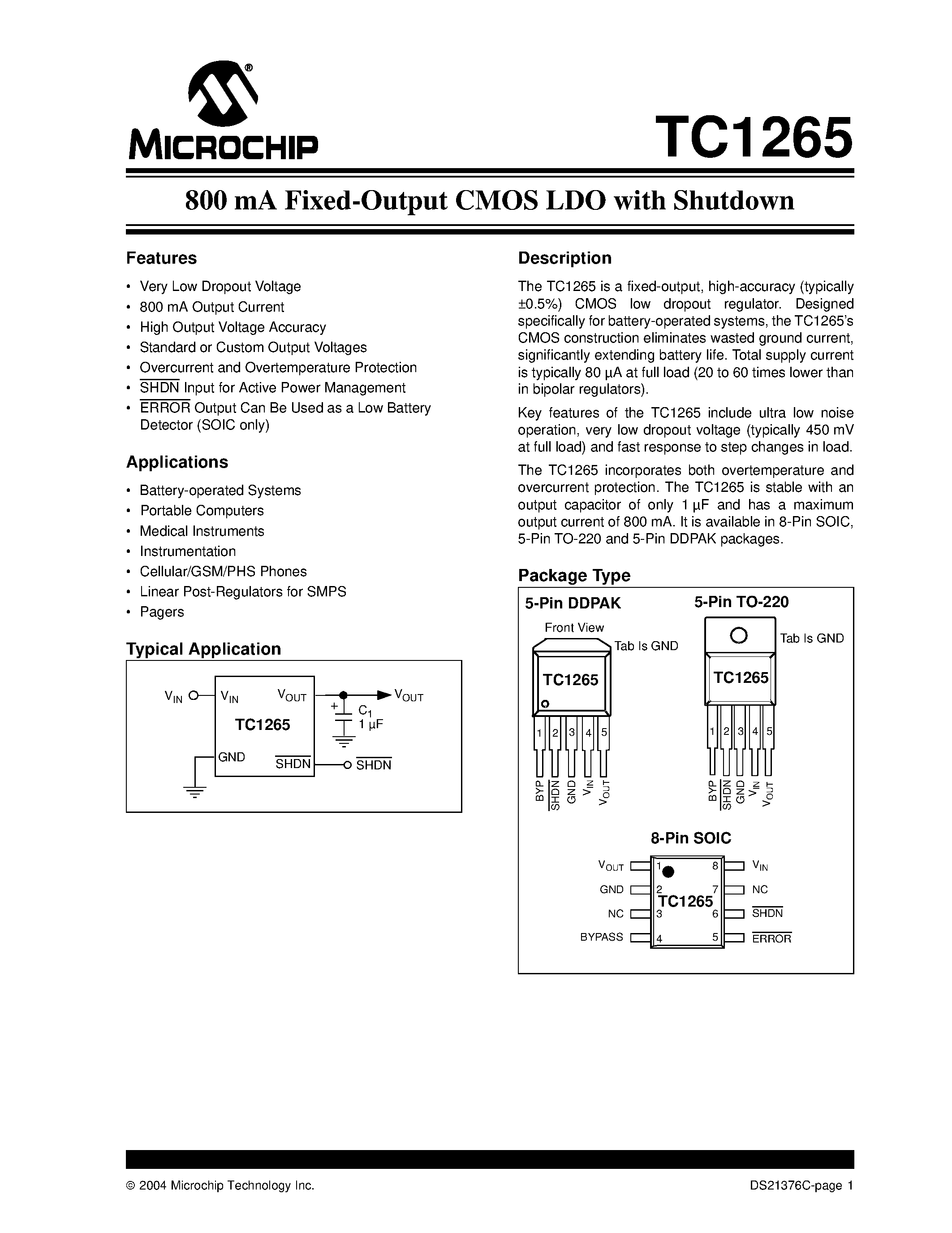 Datasheet TC1265 - 800 mA Fixed-Output CMOS LDO with Shutdown page 1