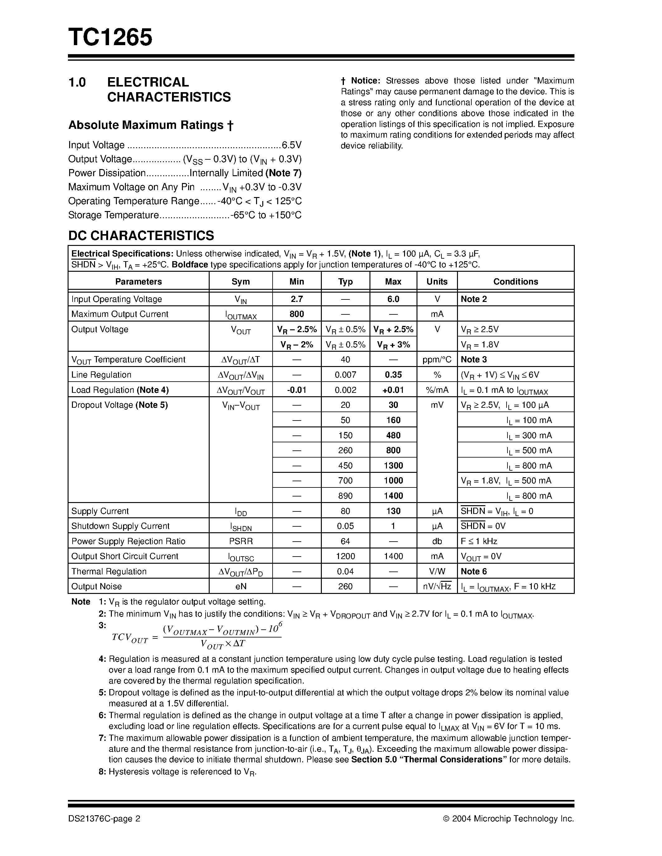 Datasheet TC1265 - 800 mA Fixed-Output CMOS LDO with Shutdown page 2