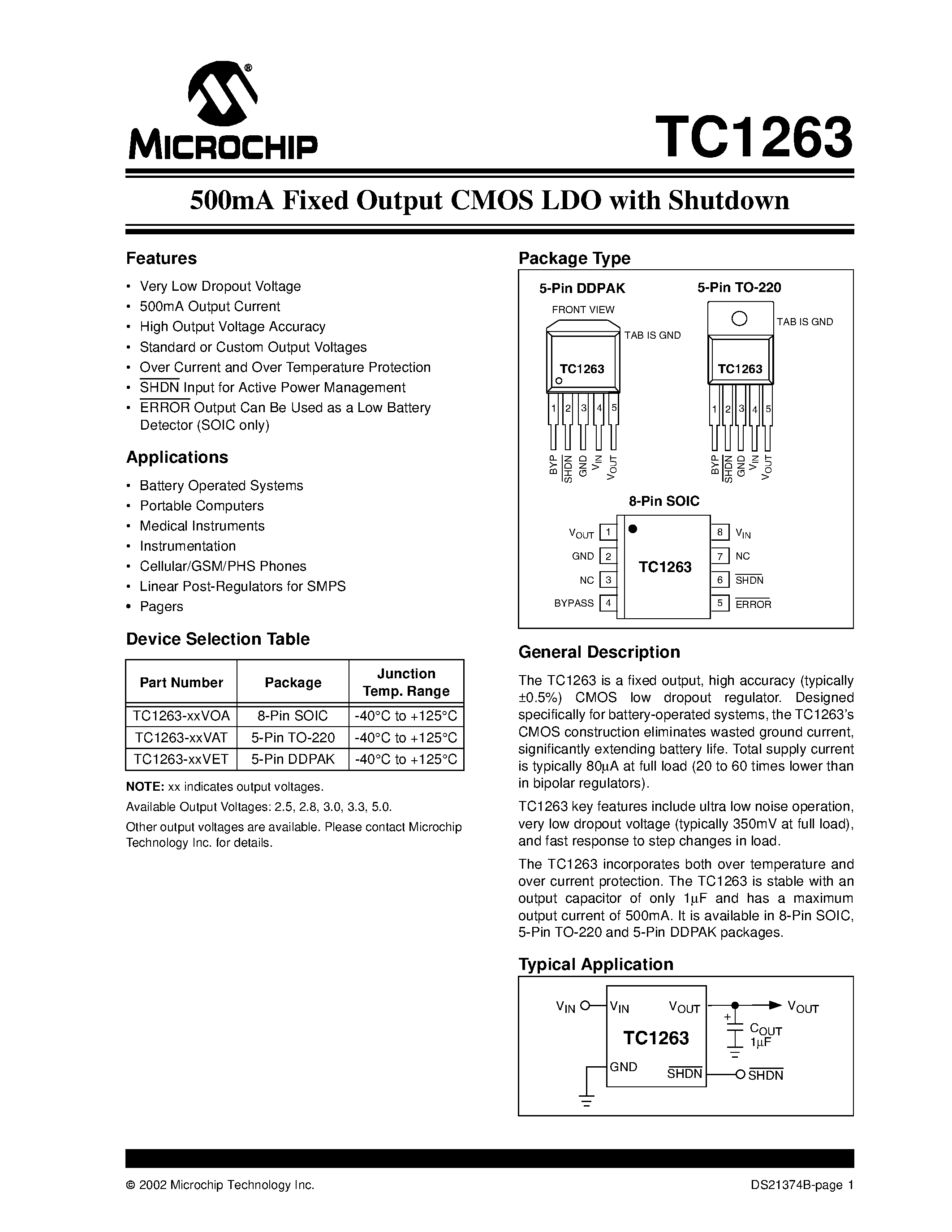 Datasheet TC1263 - 500mA Fixed Output CMOS LDO with Shutdown page 1