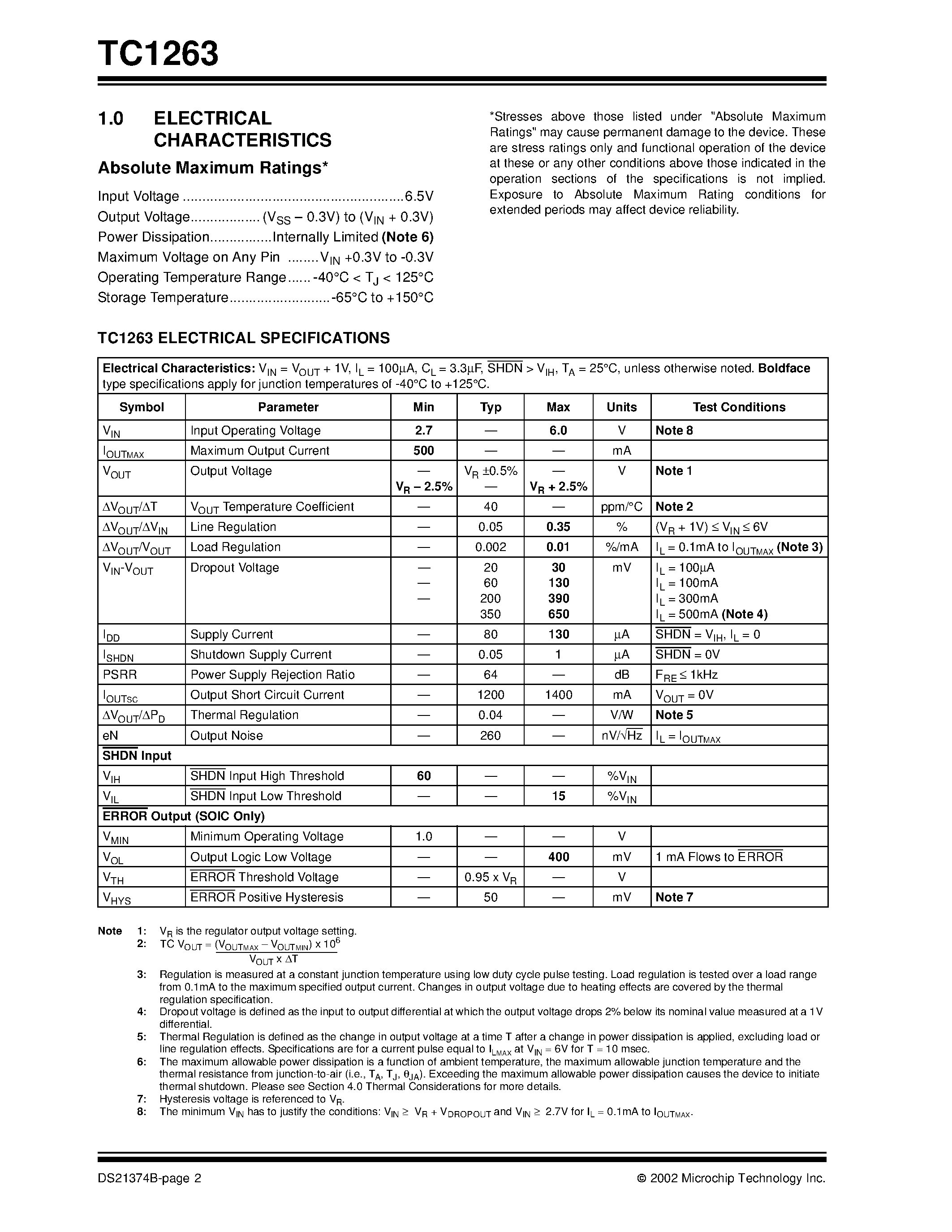 Datasheet TC1263 - 500mA Fixed Output CMOS LDO with Shutdown page 2