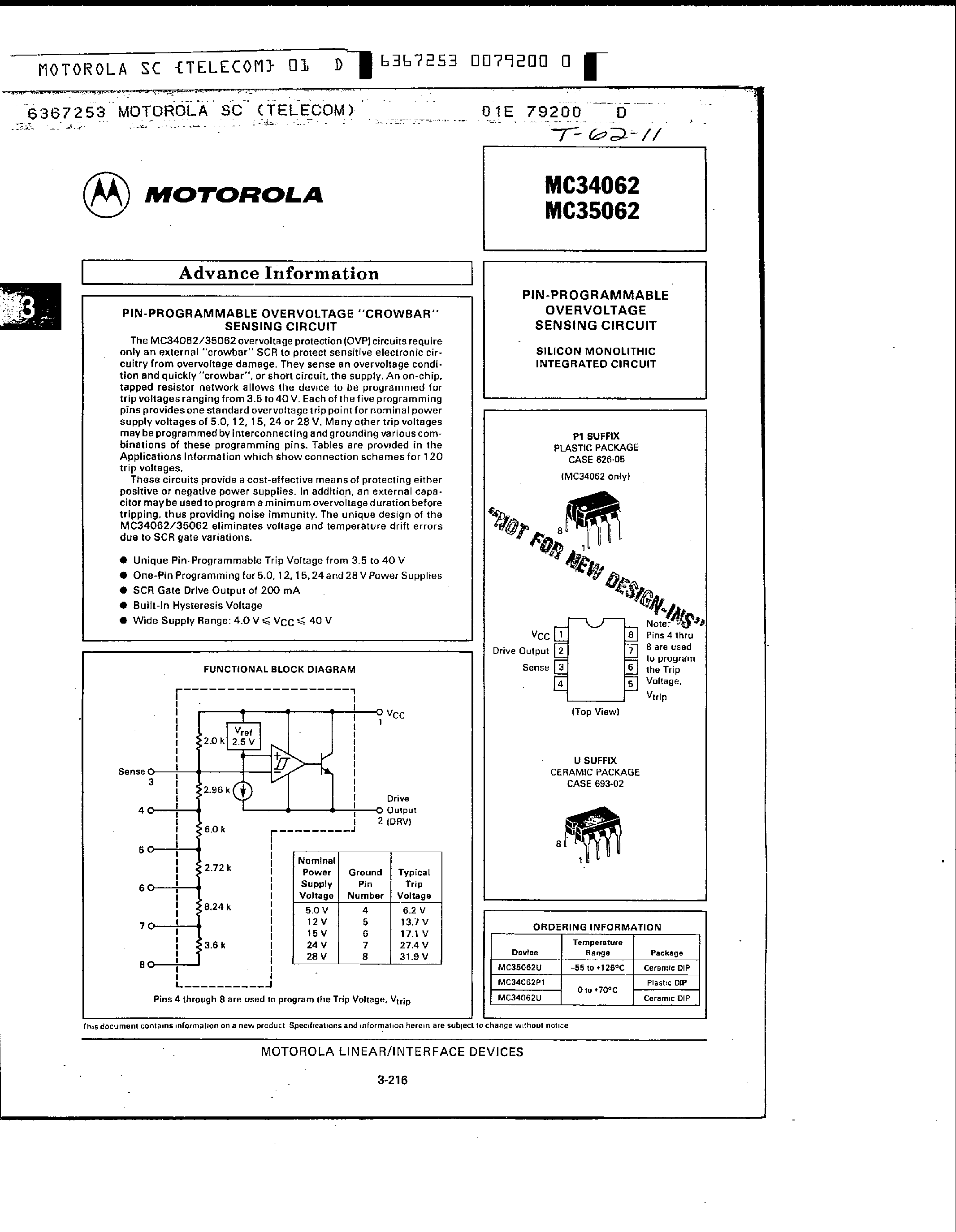 Datasheet MC34062 - Pin-Programmable Overvoltage Sensing Circuit page 1