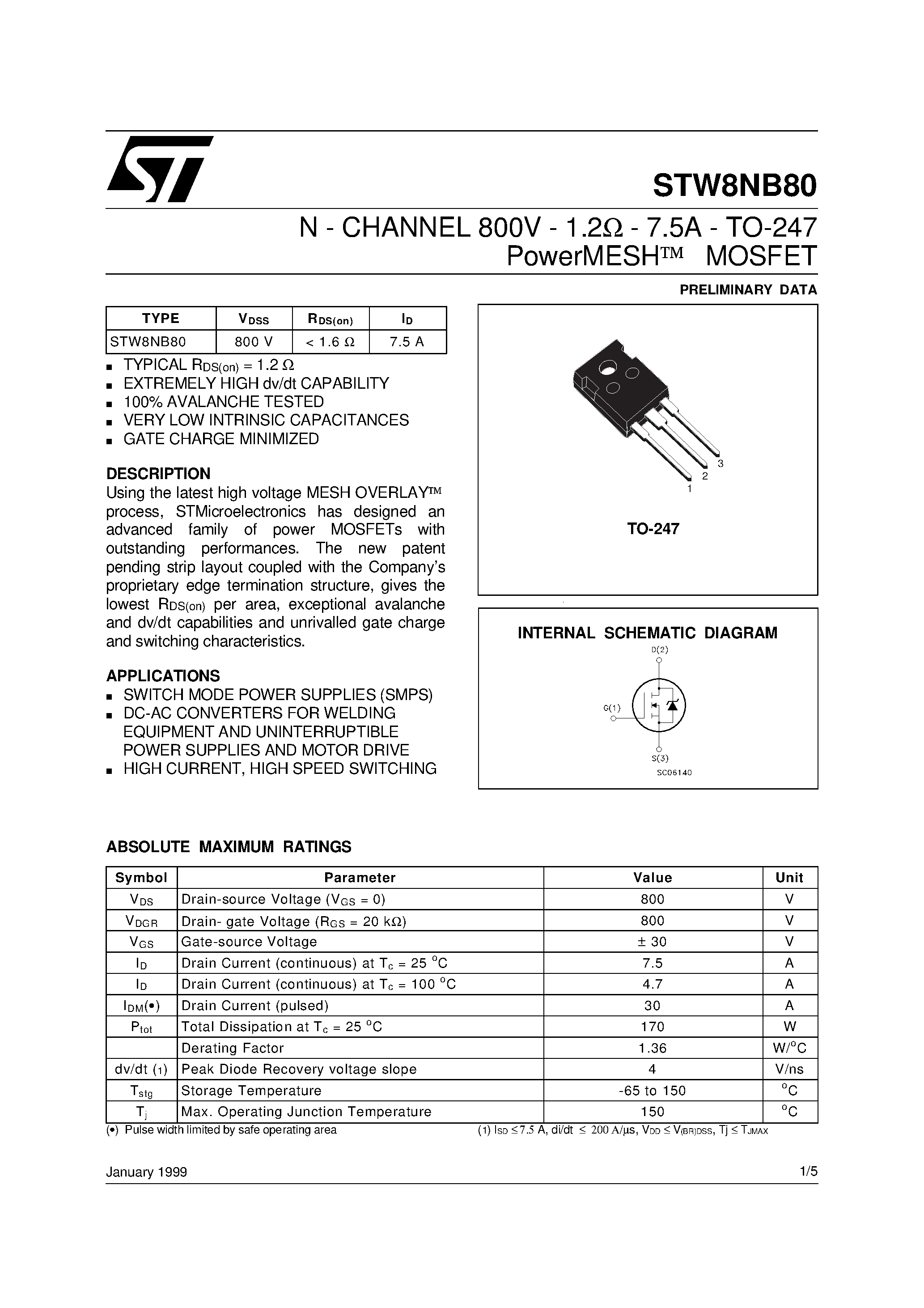 Datasheet STW8NB80 - N - CHANNEL 800V - 1.2ohm - 7.5A - TO-247 PowerMESH MOSFET page 1