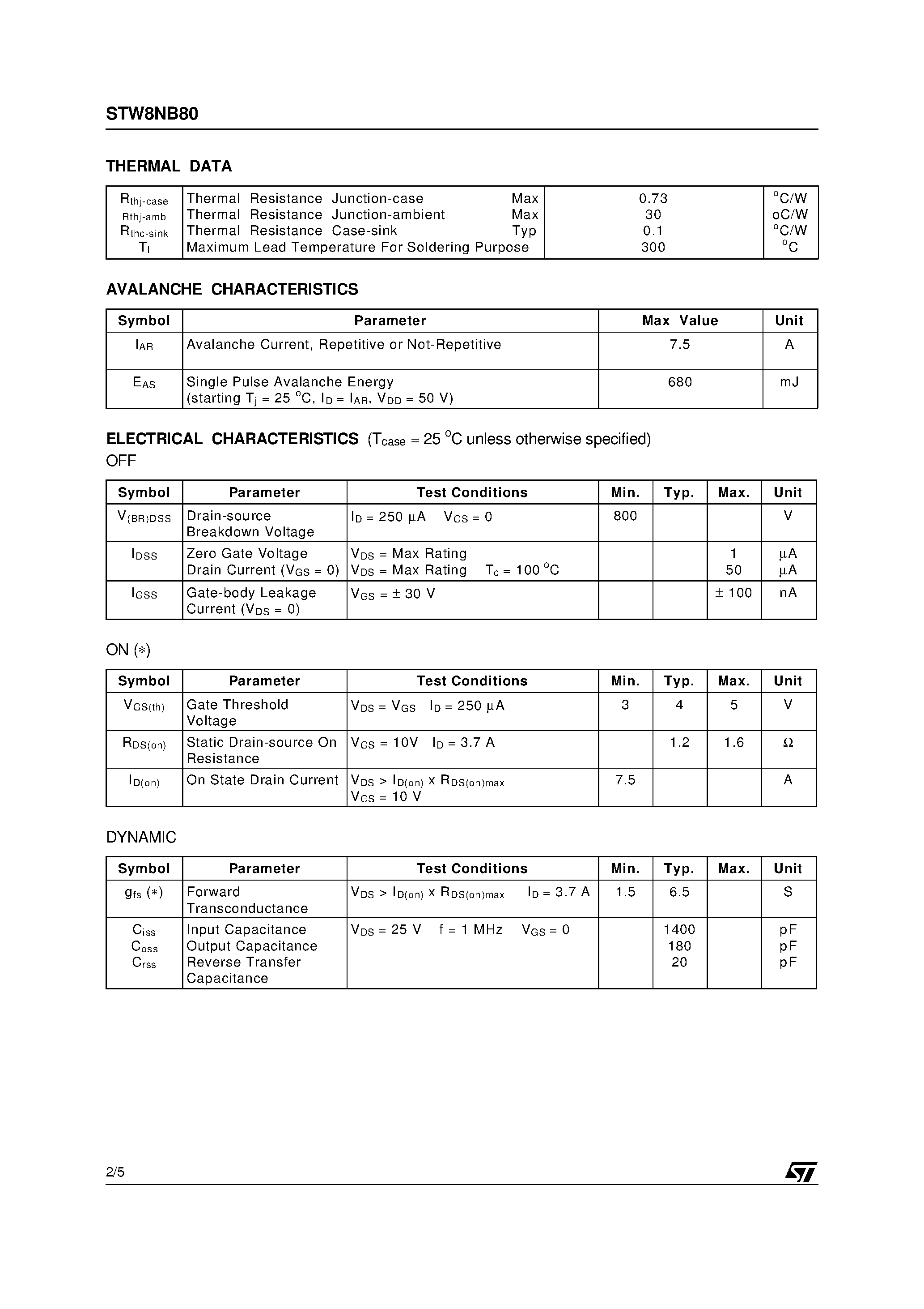 Datasheet STW8NB80 - N - CHANNEL 800V - 1.2ohm - 7.5A - TO-247 PowerMESH MOSFET page 2