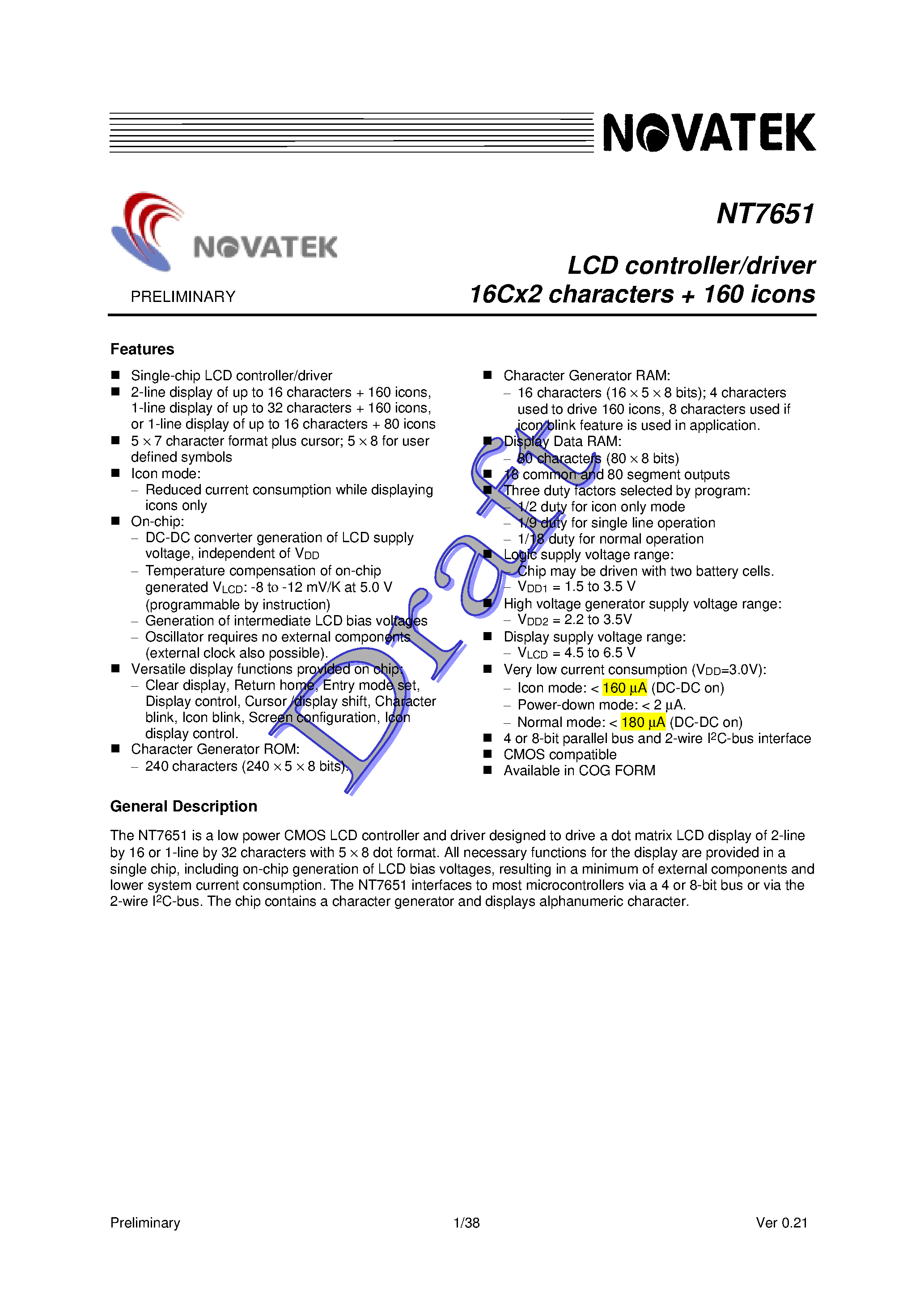 Даташит NT7651 - LCD Controller / Driver / 16C x 2 + 160 Icons страница 1