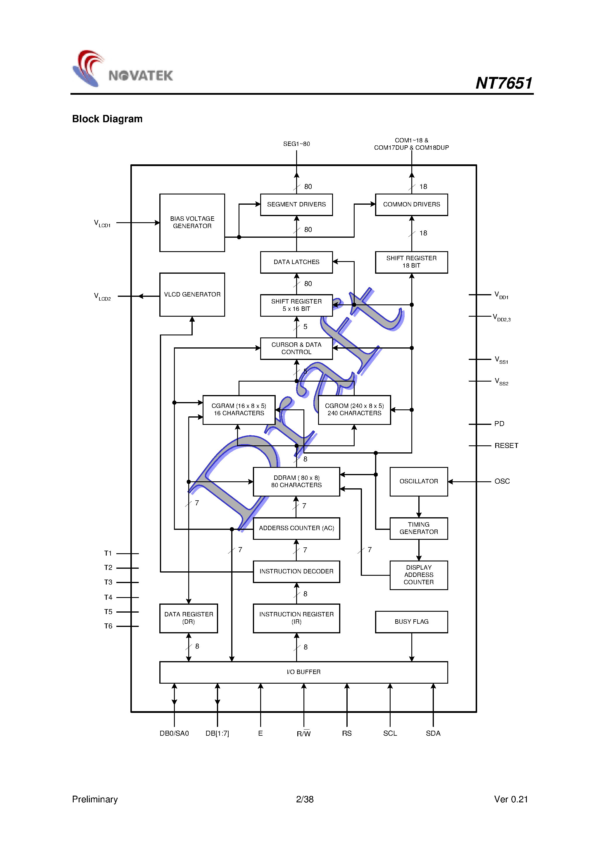 Даташит NT7651 - LCD Controller / Driver / 16C x 2 + 160 Icons страница 2