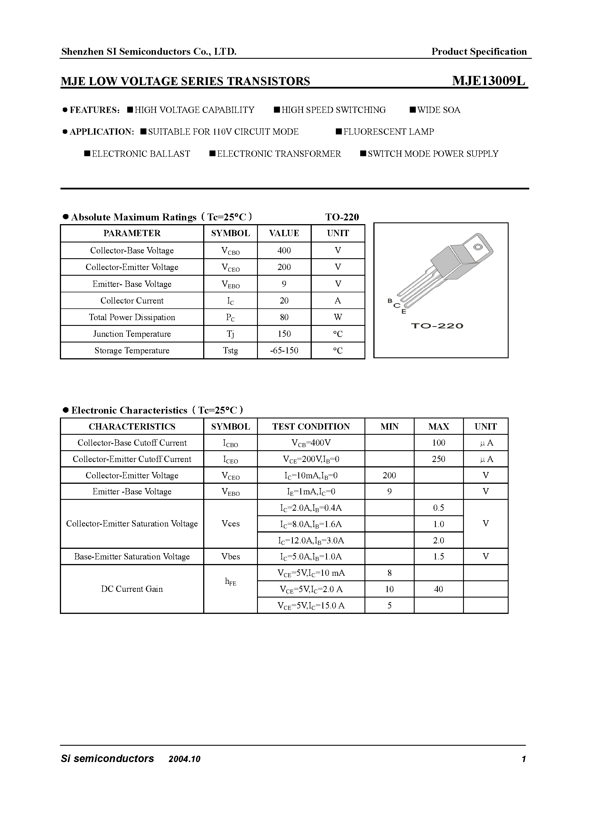 Даташит MJE13009L - Low Voltage Series Transistors страница 1