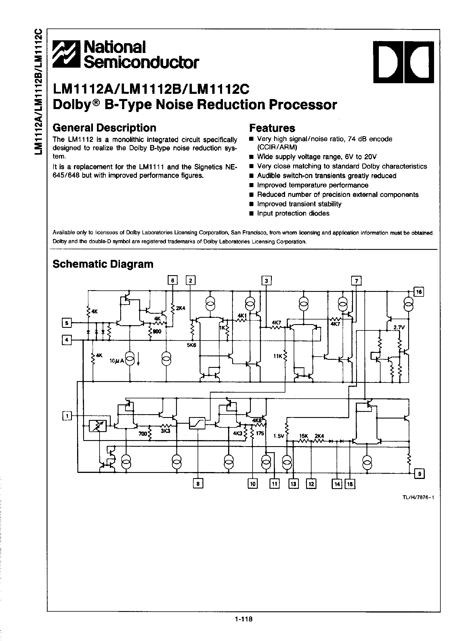 Datasheet LM1112 - Dolby B-Type Noise Reduction Processor page 1