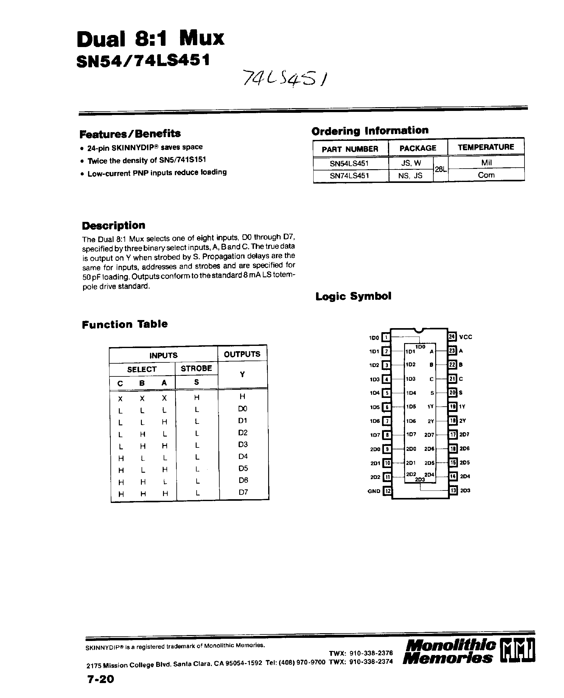 Даташит SN74LS451 - Dual 8:1 Mux страница 1