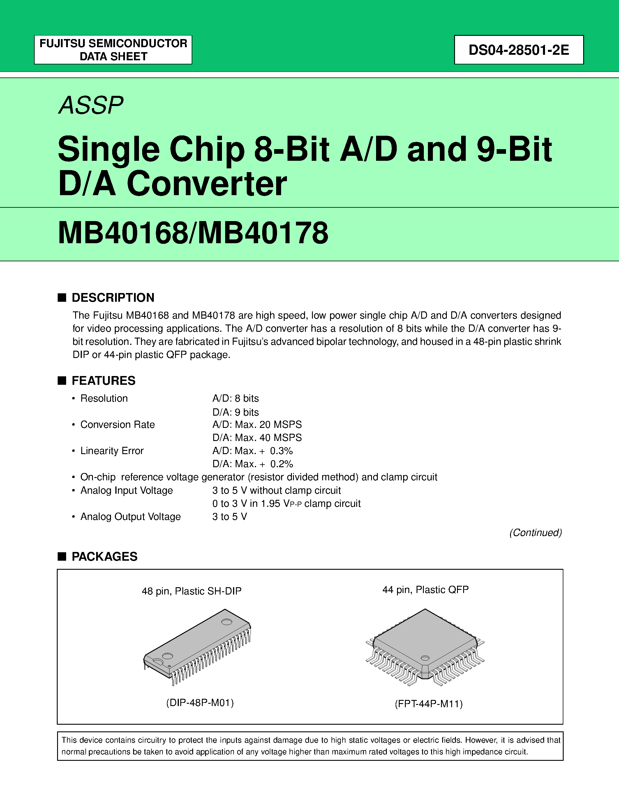 Даташит MB40168 - (MB40178) Single Chip 8-Bit A/D and 9-Bit D/A Converter страница 1