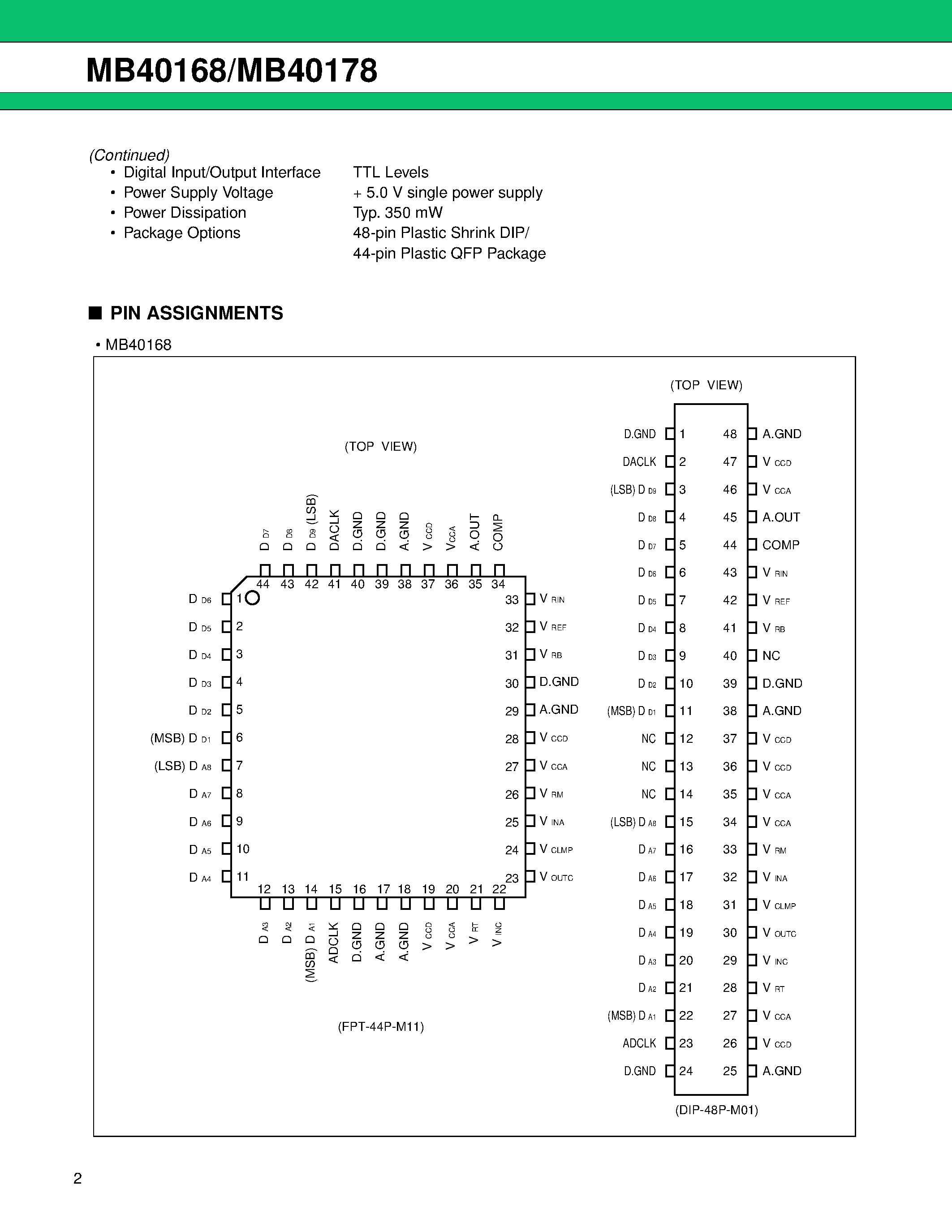 Даташит MB40168 - (MB40178) Single Chip 8-Bit A/D and 9-Bit D/A Converter страница 2