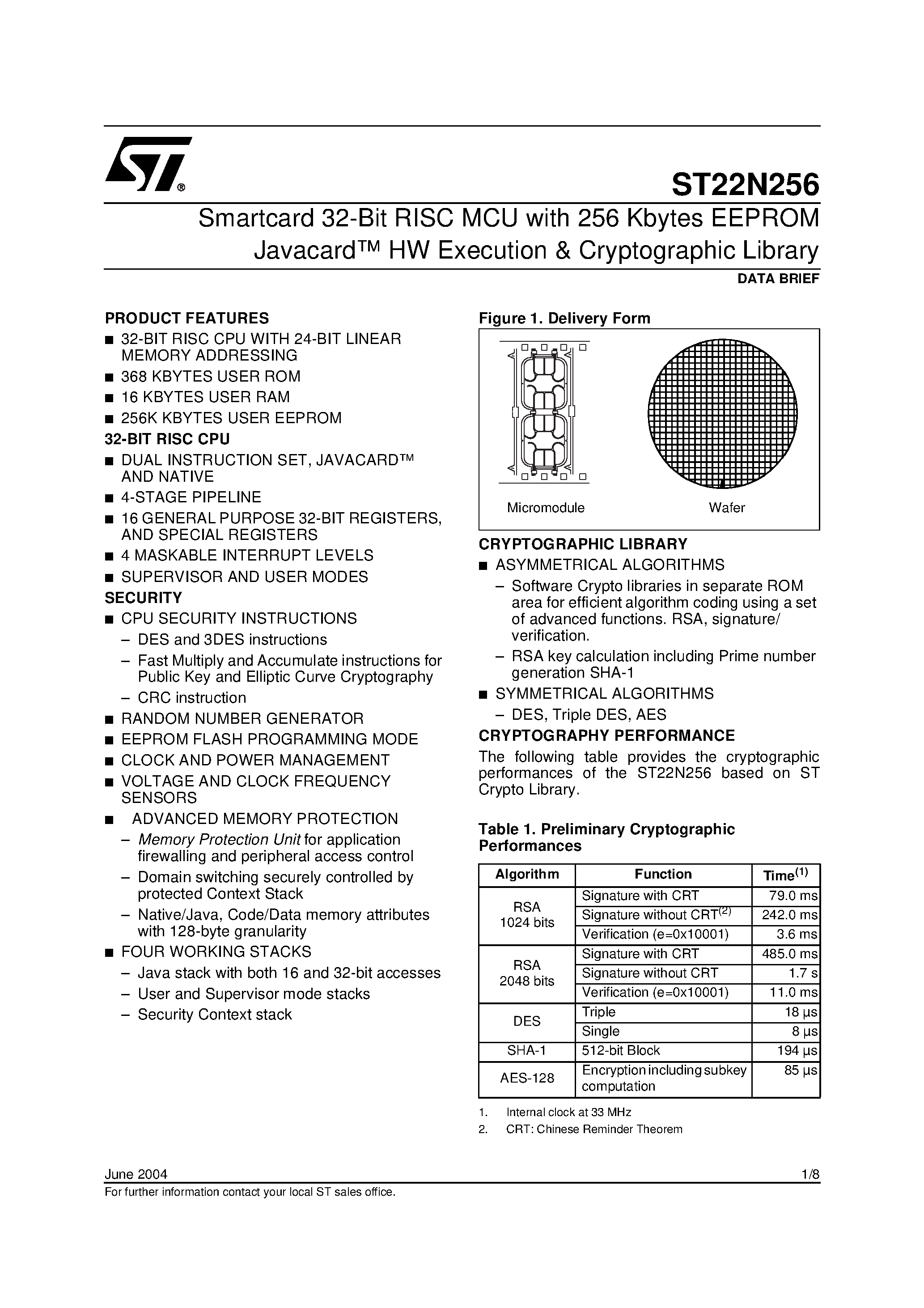 Даташит ST22N256 - Smartcard 32-Bit RISC MCU страница 1