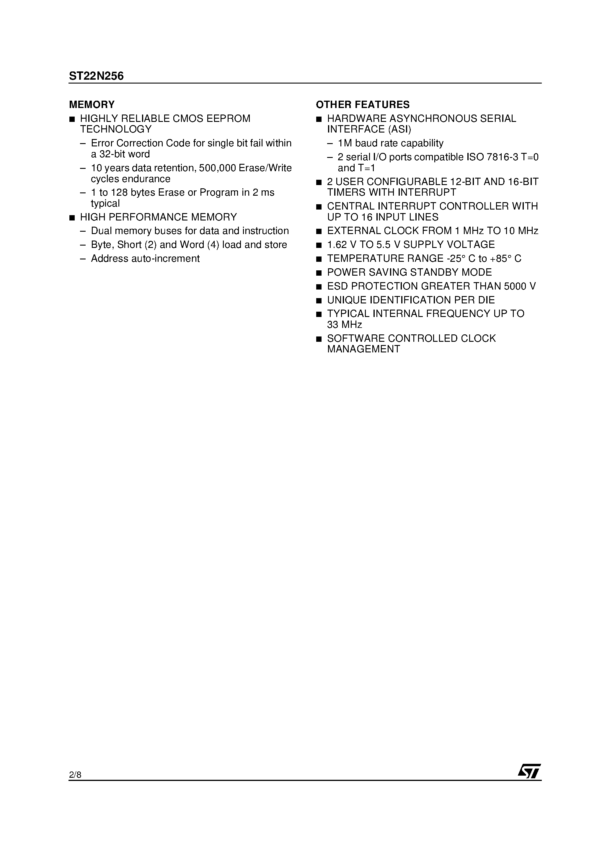 Даташит ST22N256 - Smartcard 32-Bit RISC MCU страница 2