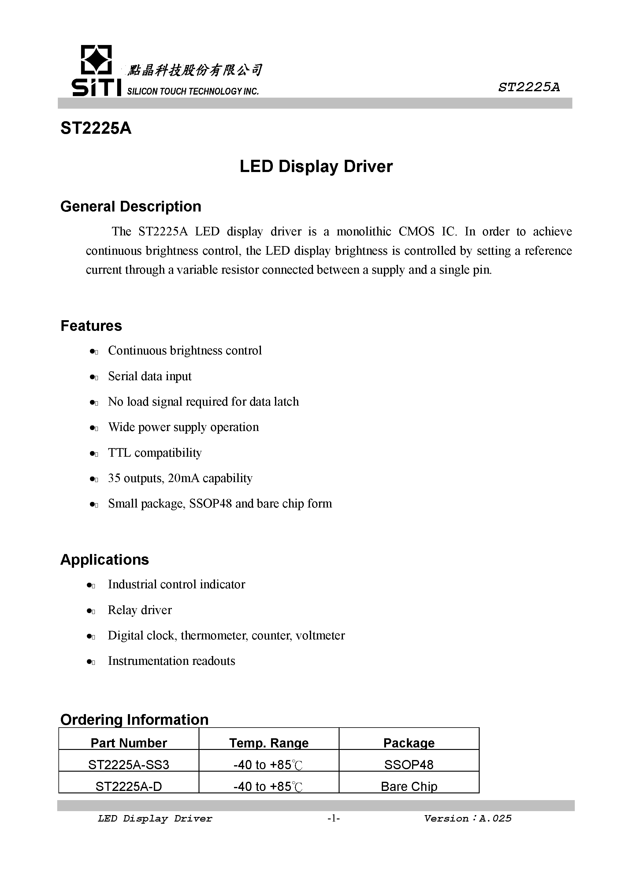 Даташит ST2225A - LED DISPLAY DRIVER страница 2