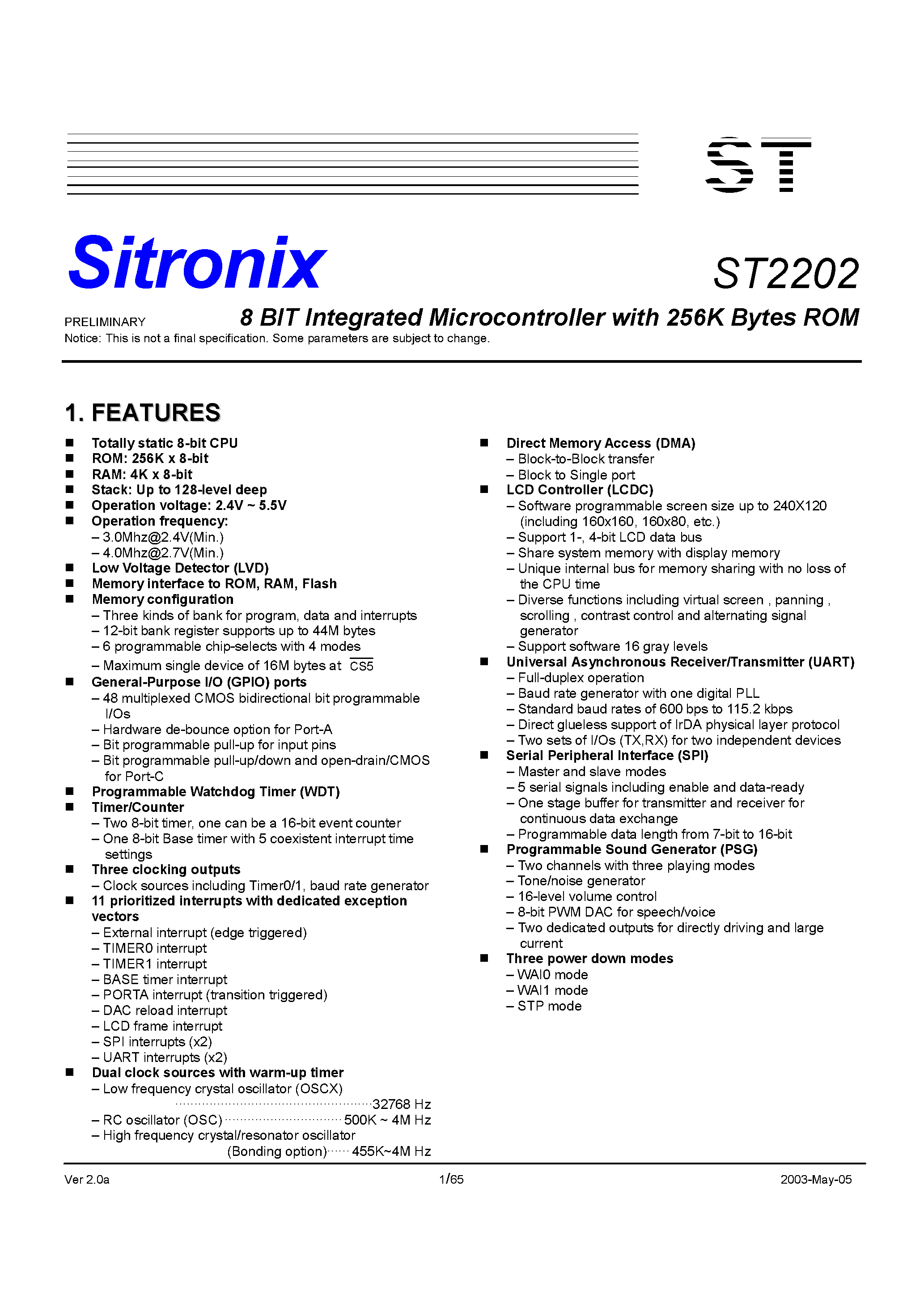 Даташит ST2202 - 8 BIT Integrated Microcontroller with 256K Bytes ROM страница 1