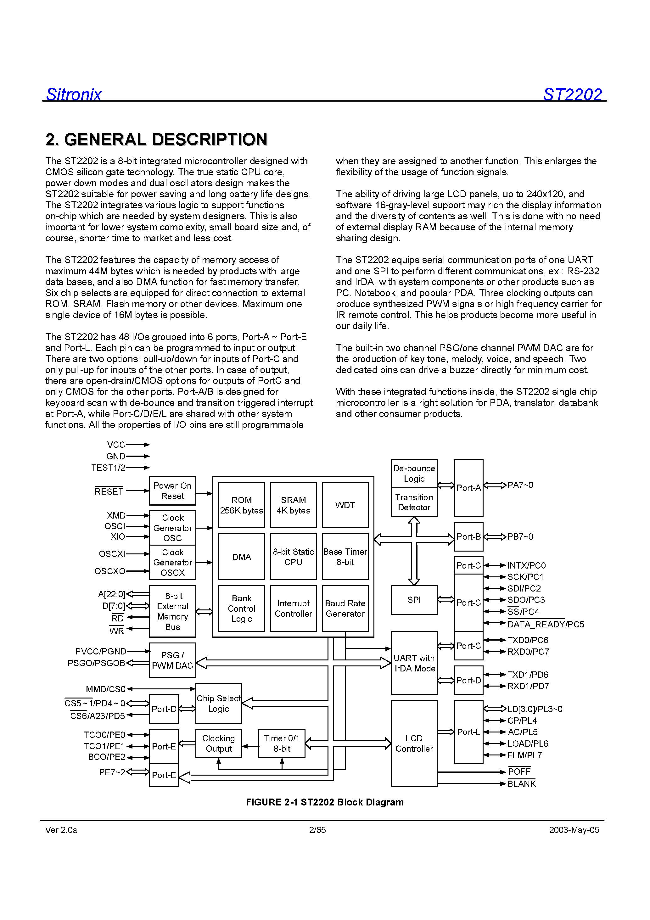 Даташит ST2202 - 8 BIT Integrated Microcontroller with 256K Bytes ROM страница 2