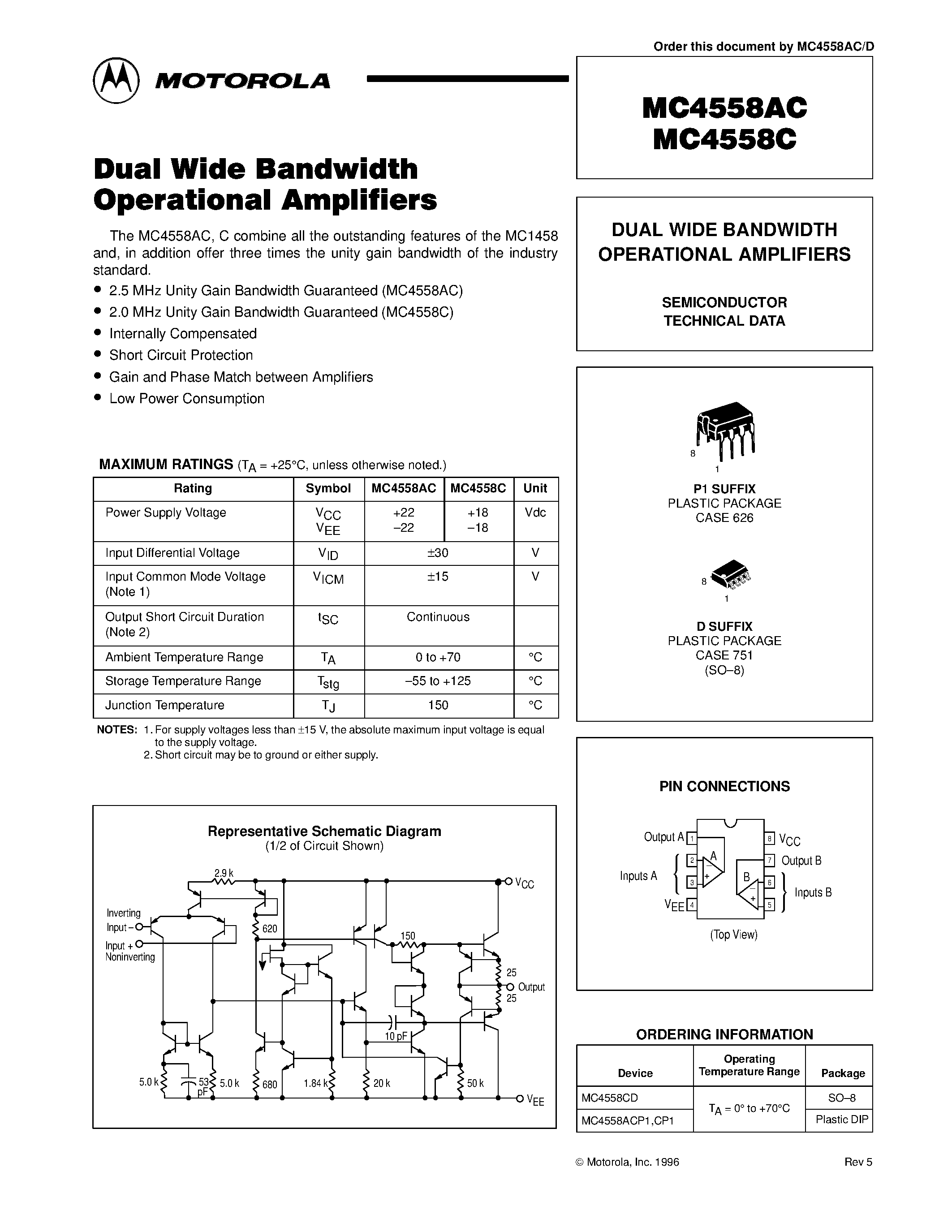 Datasheet MC4558 - DUAL WIDE BANDWIDTH OPERATIONAL AMPLIFIERS page 1