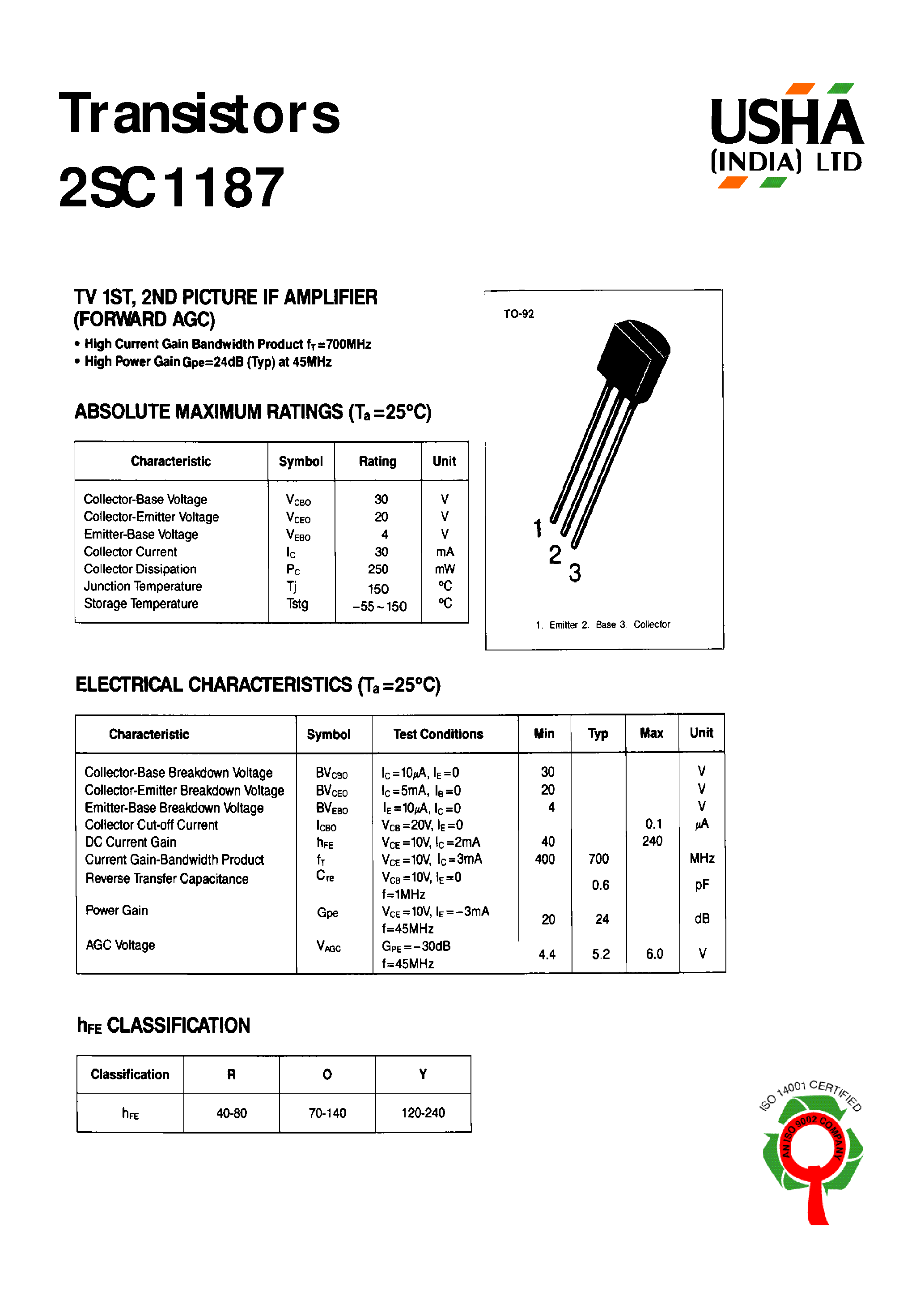 Datasheet 2SC1187 - TV 1ST 2ND PICTURE IF AMPLIFIER page 1