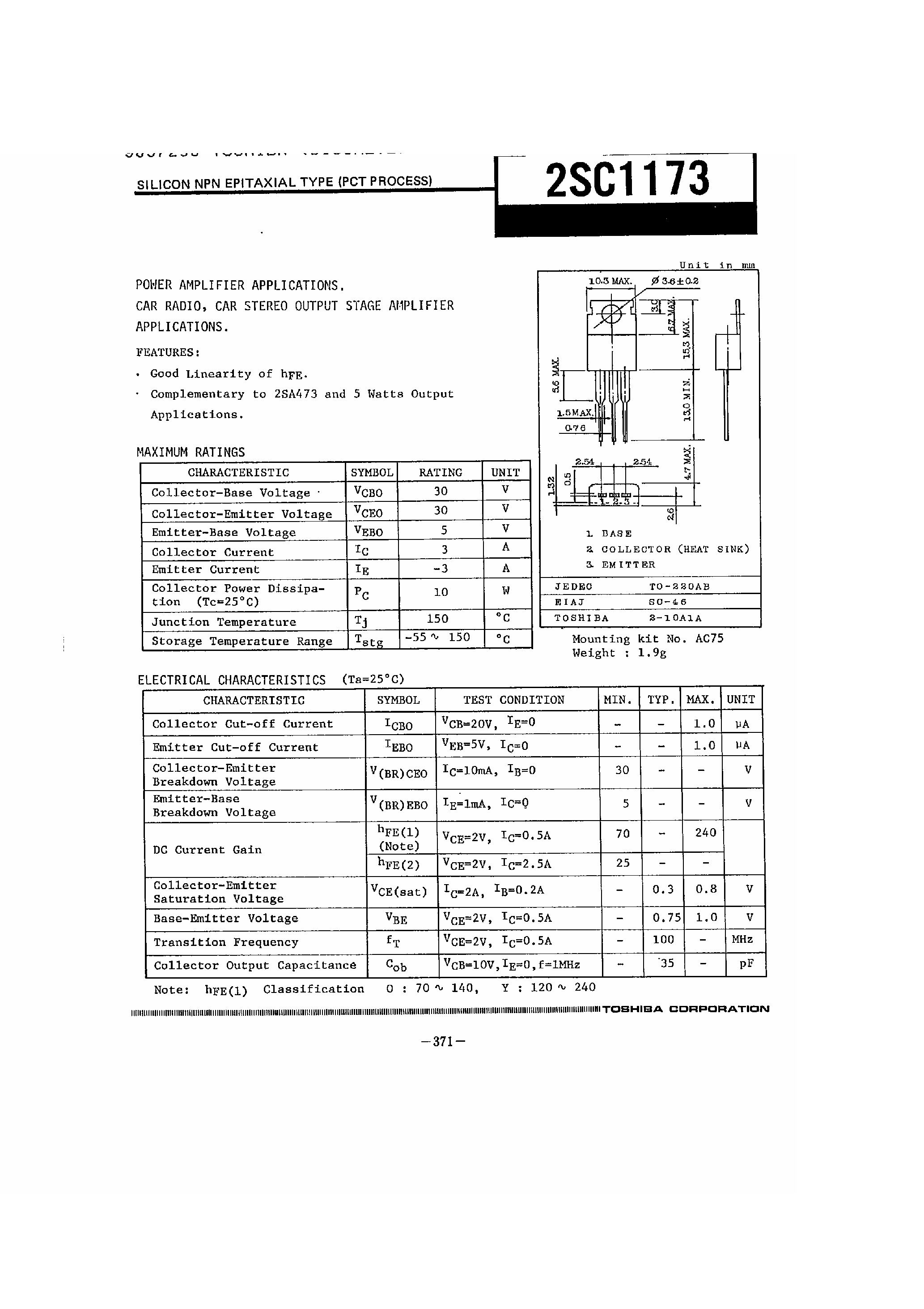 Datasheet 2SC1173 - SILICON NPN EPITAXIAL TYPE(PCT PROCESS) page 1