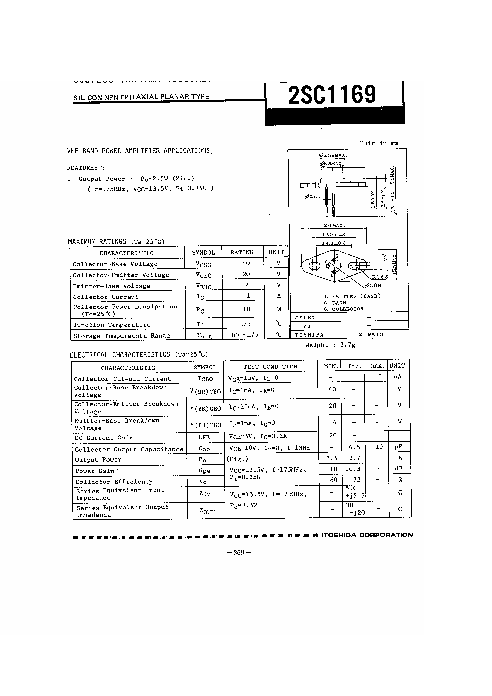 Datasheet 2SC1169 - SILICON NPN EPITAXIAL PLANAR TYPE page 1