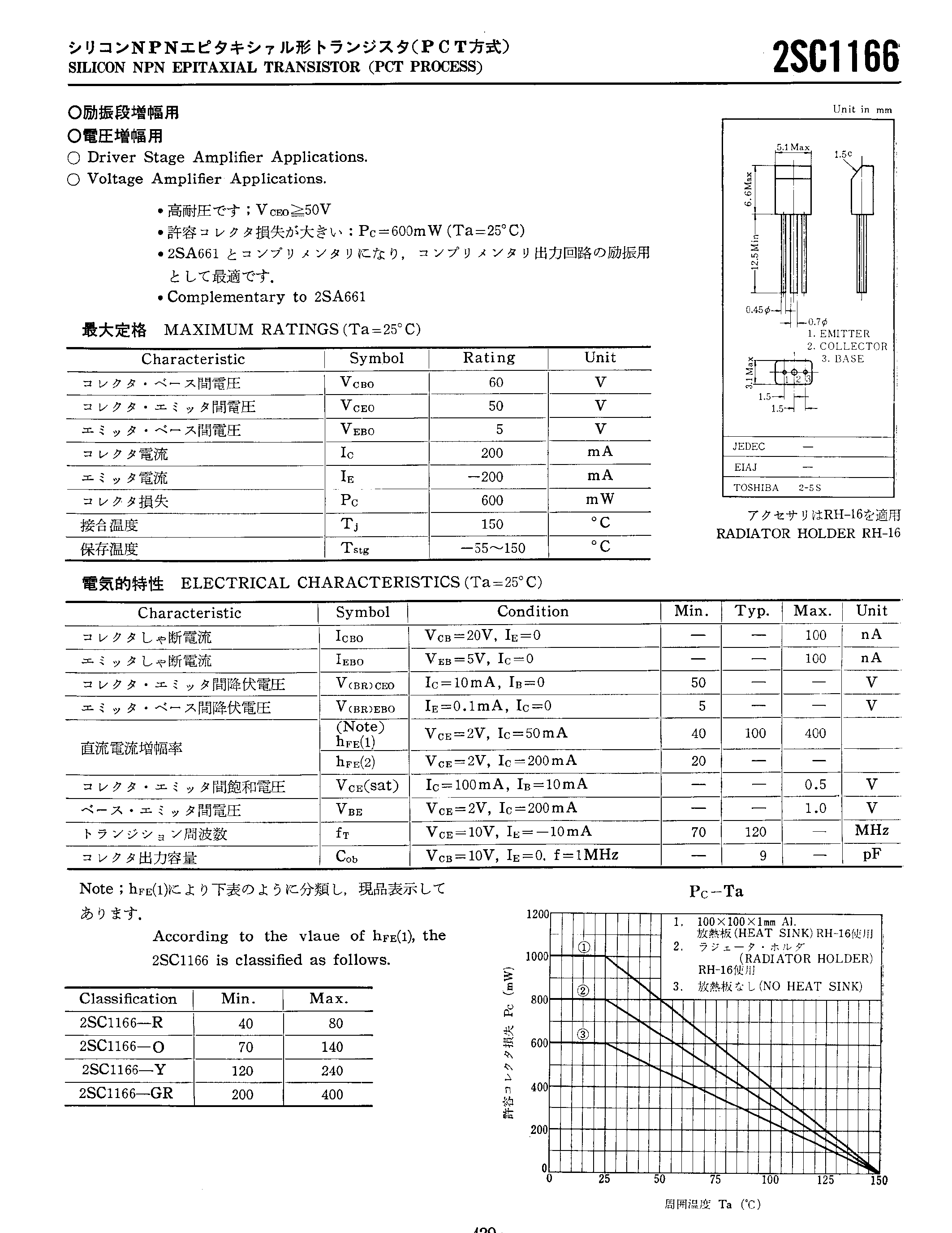 Datasheet 2SC1166 - SILICON NPN EPITAXIAL TRANSISTOR page 1