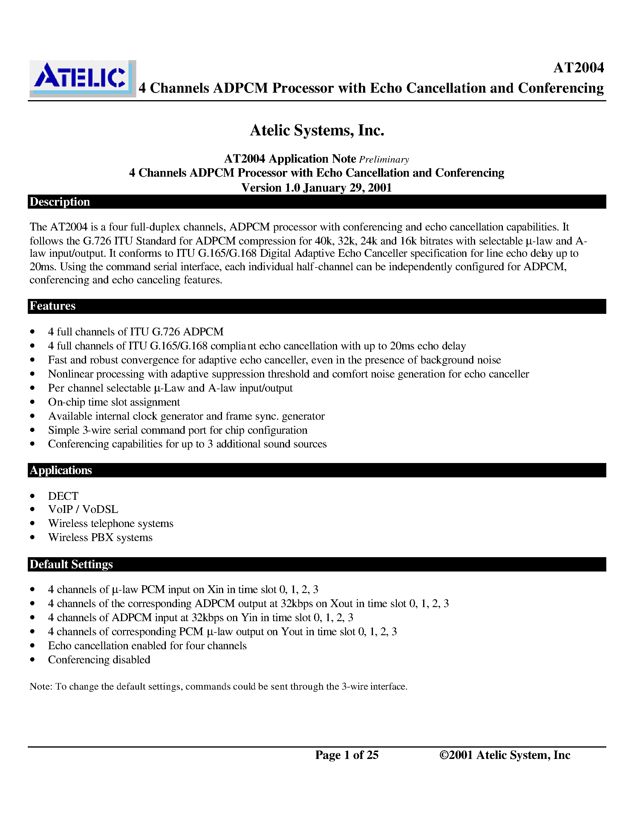 Datasheet AT2004 - 4 Channel ADPCM Processor page 1