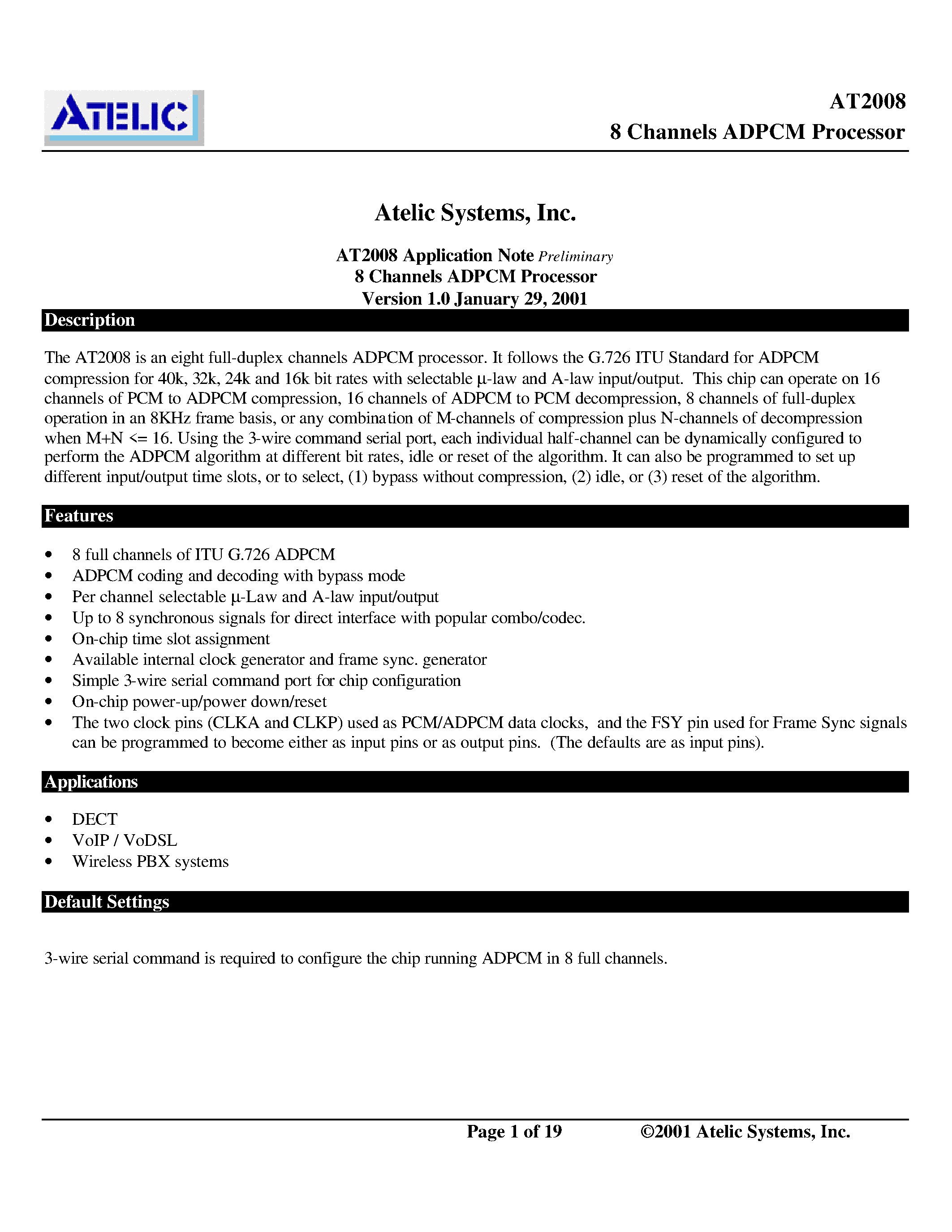 Datasheet AT2008 - 8 Channel ADPCM Processor page 1