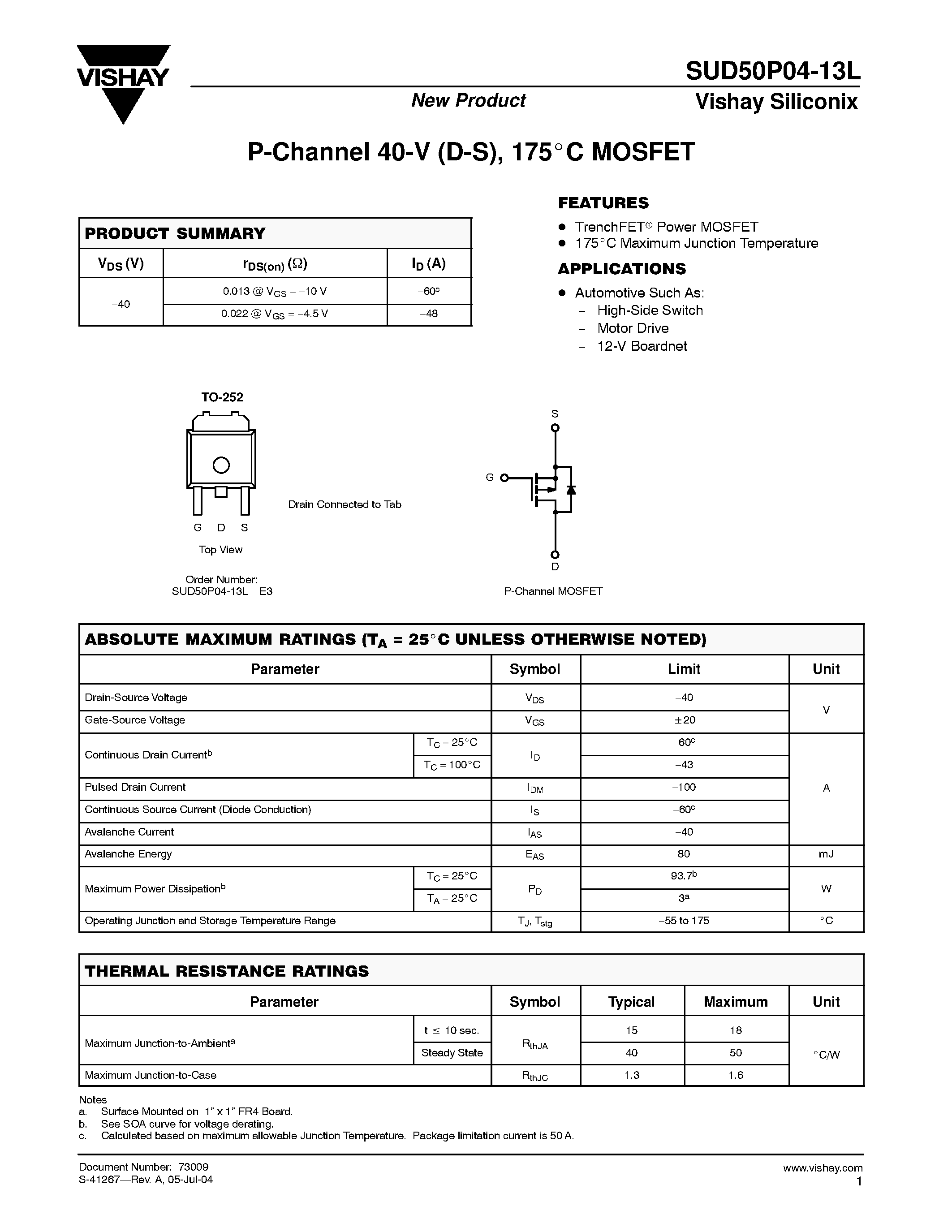 Даташит SUD50P04-13L - P-Channel MOSFET страница 1