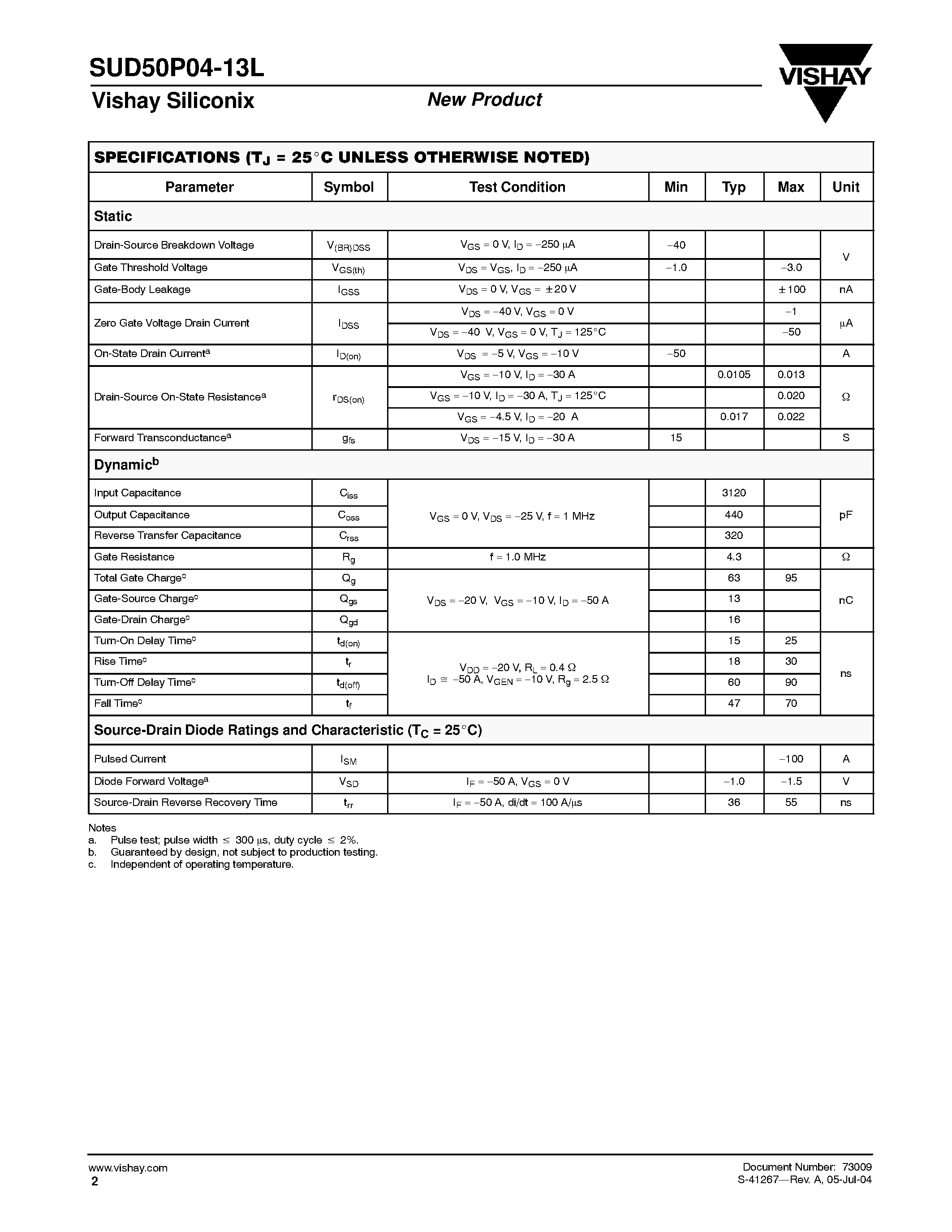 Даташит SUD50P04-13L - P-Channel MOSFET страница 2