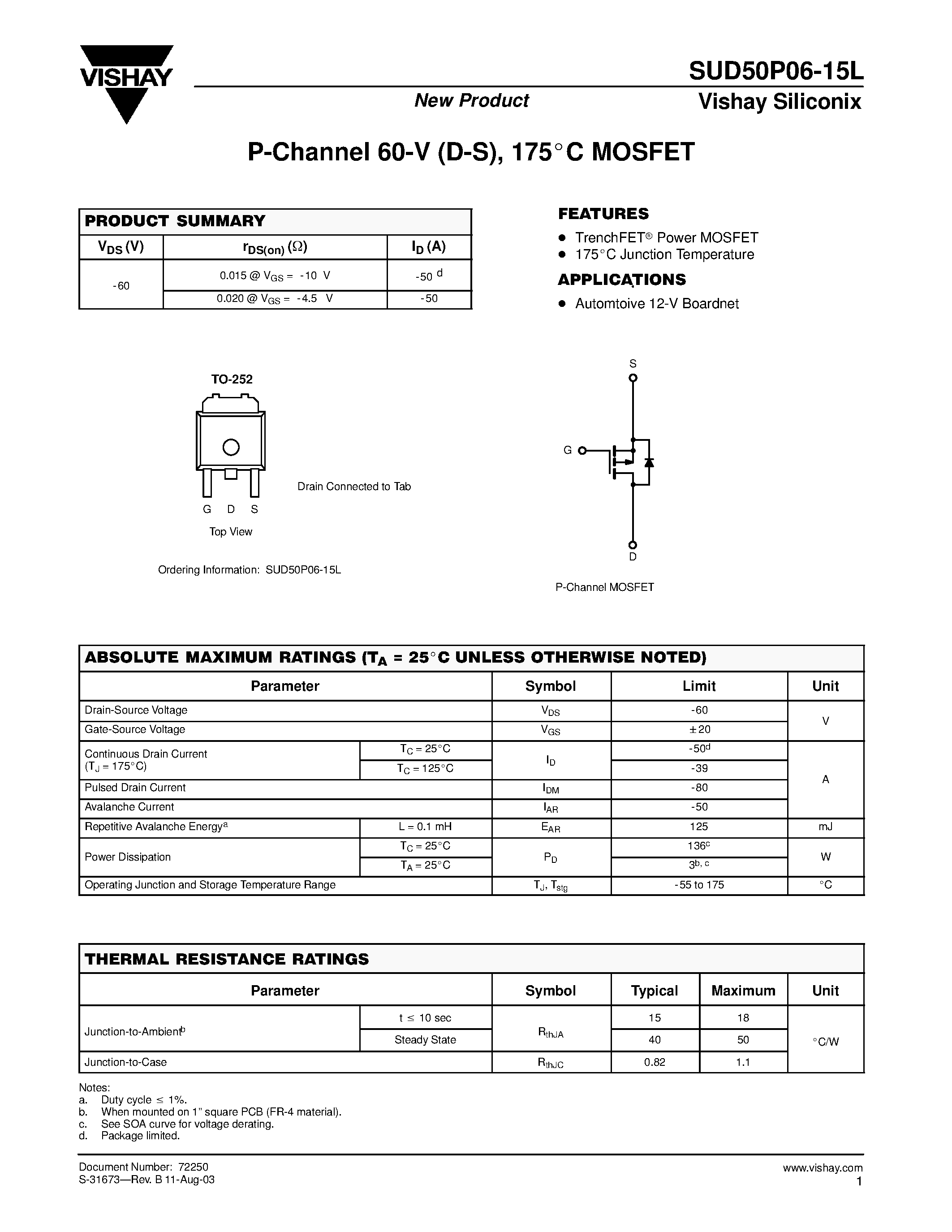 Даташит SUD50P06-15L - P-Channel MOSFET страница 1