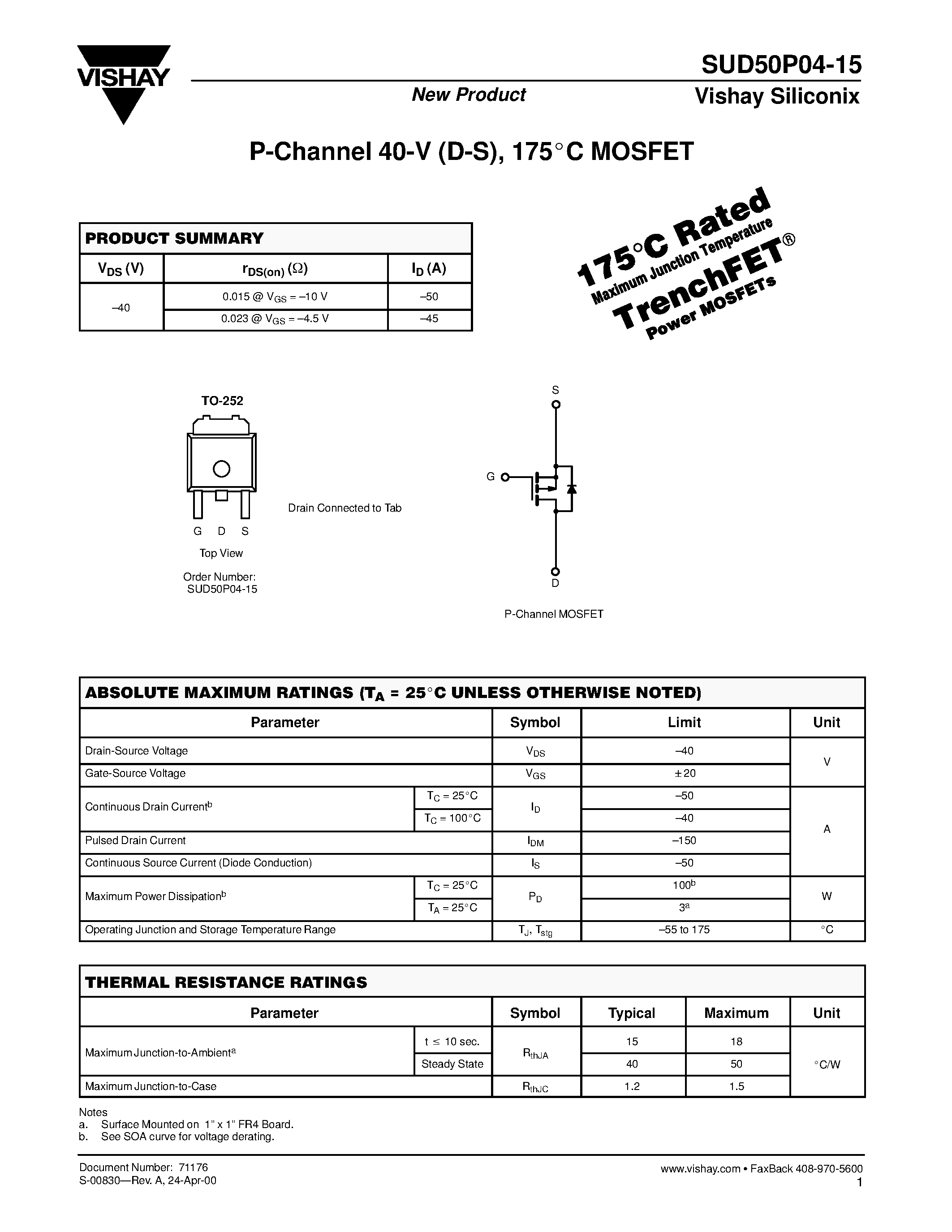 Даташит SUD50P04-15 - P-Channel MOSFET страница 1