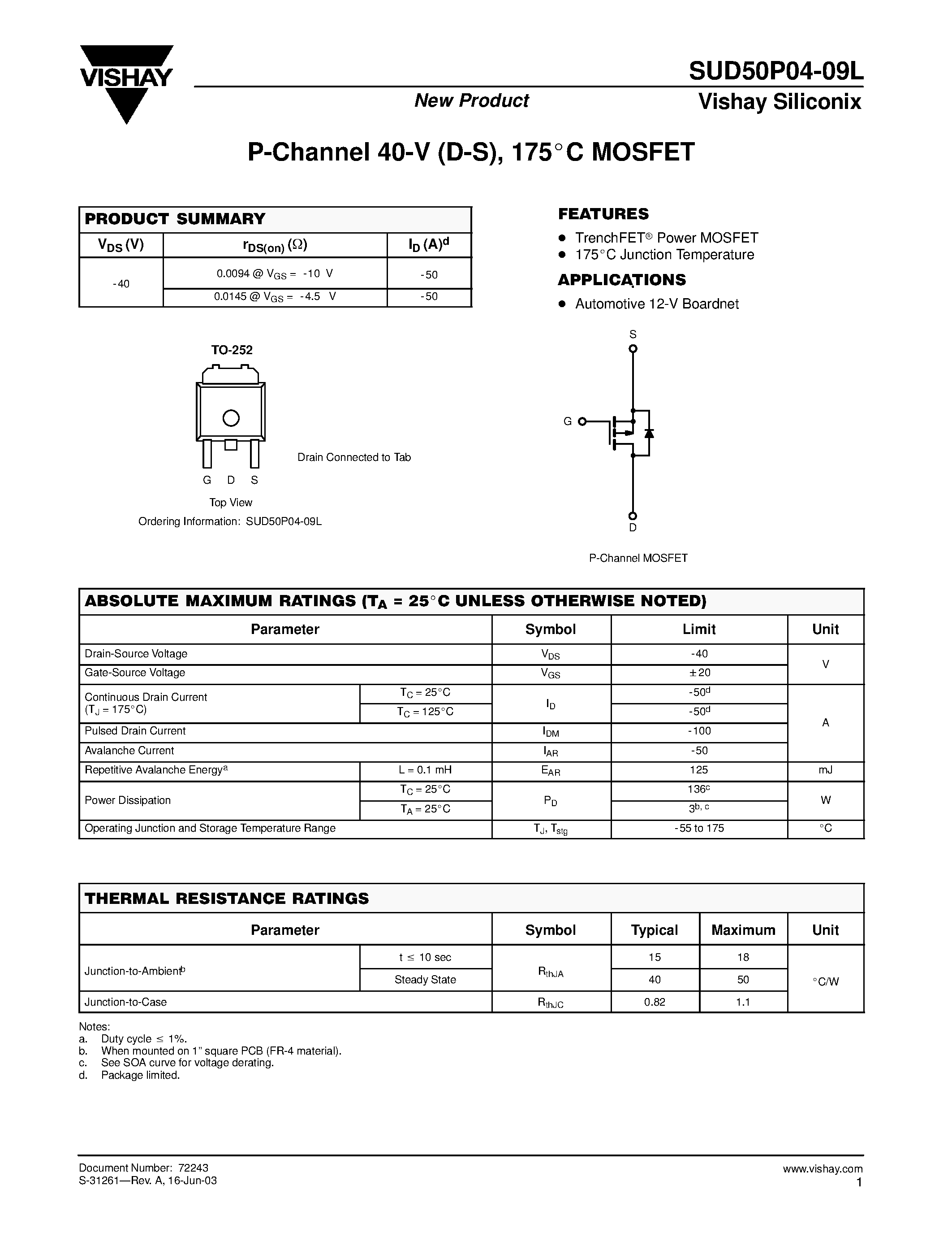 Даташит SUD50P04-09L - P-Channel MOSFET страница 1