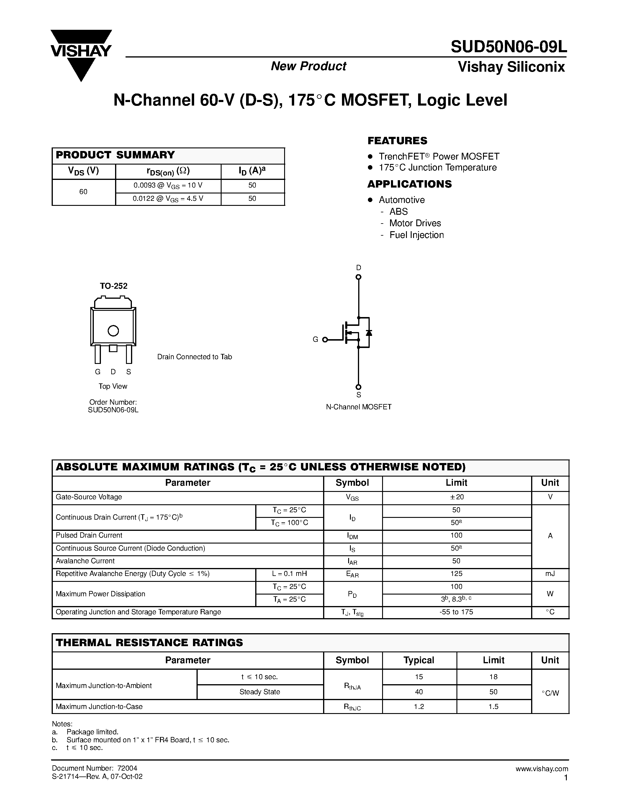 Даташит SUD50N06-09L - P-Channel MOSFET страница 1