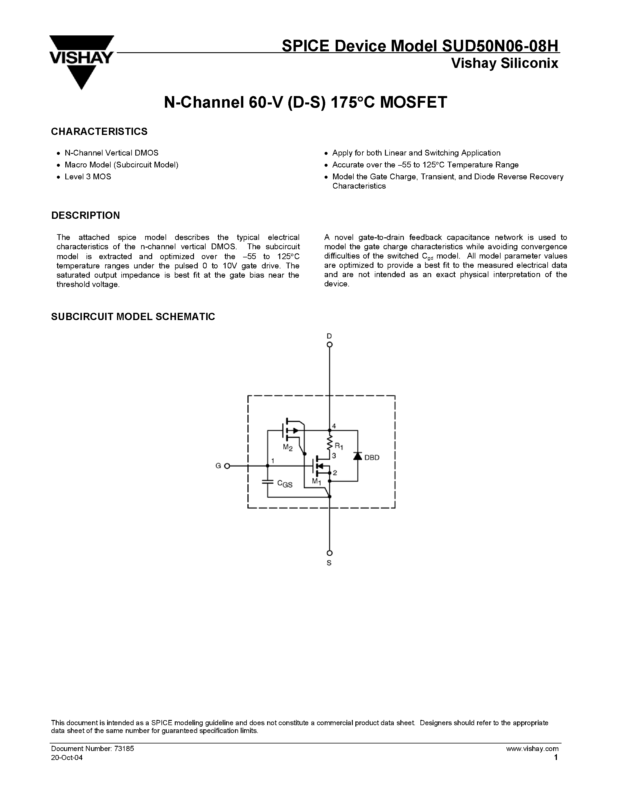 Даташит SUD50N06-08H - P-Channel MOSFET страница 1