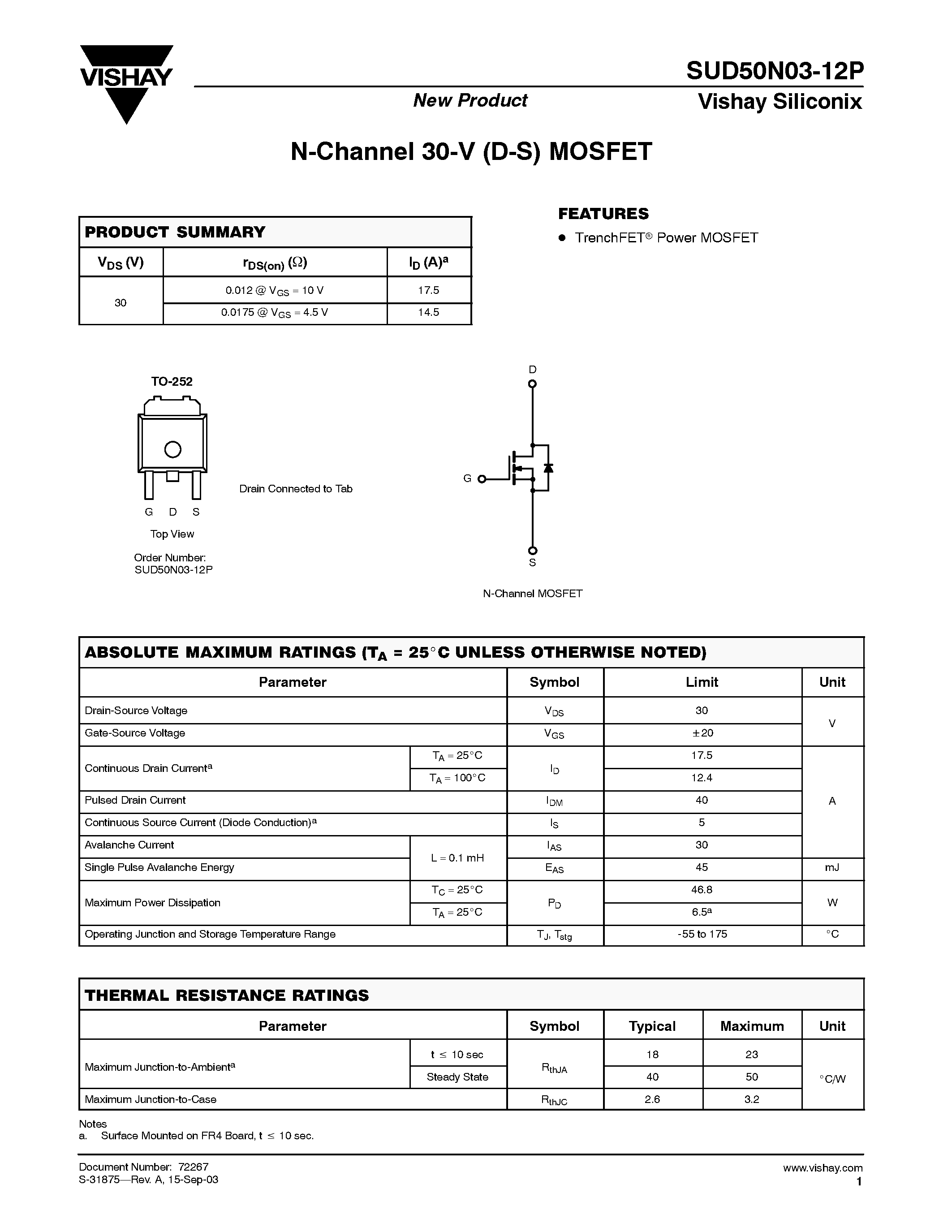 Даташит SUD50N03-12P - P-Channel MOSFET страница 1