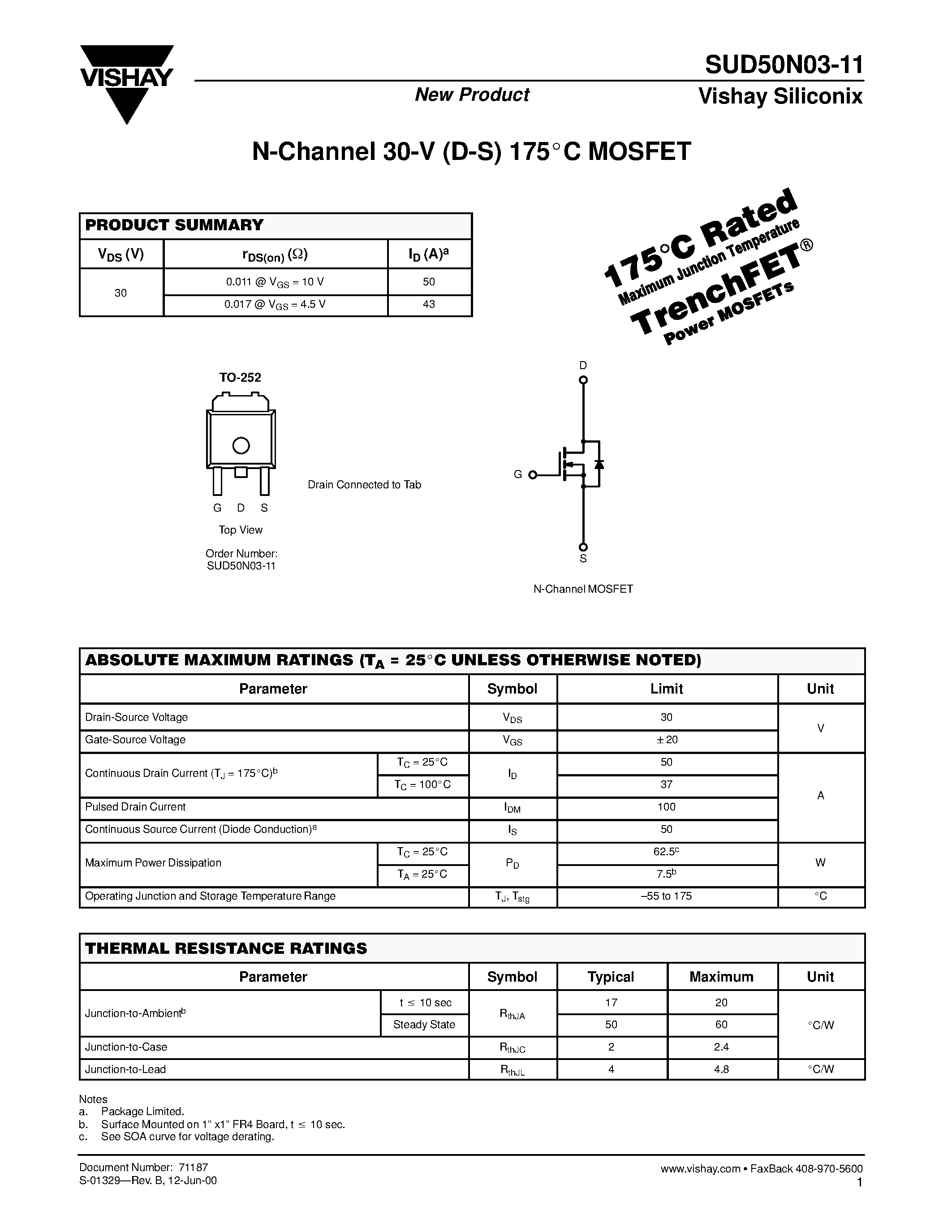 Даташит SUD50N03-11 - P-Channel MOSFET страница 1