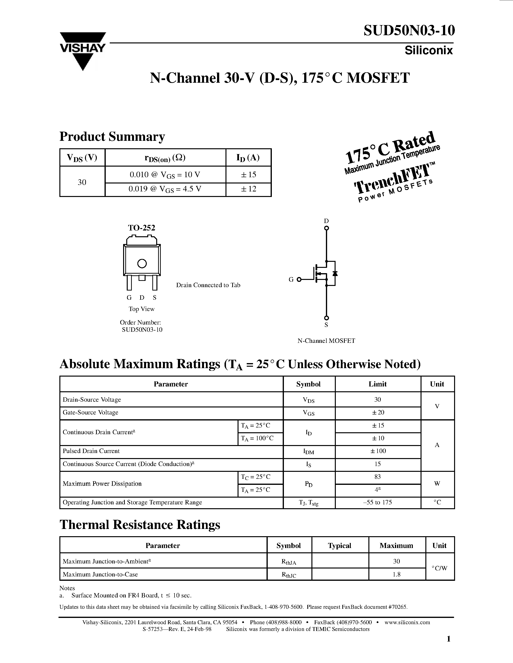 Даташит SUD50N03-10 - P-Channel MOSFET страница 1