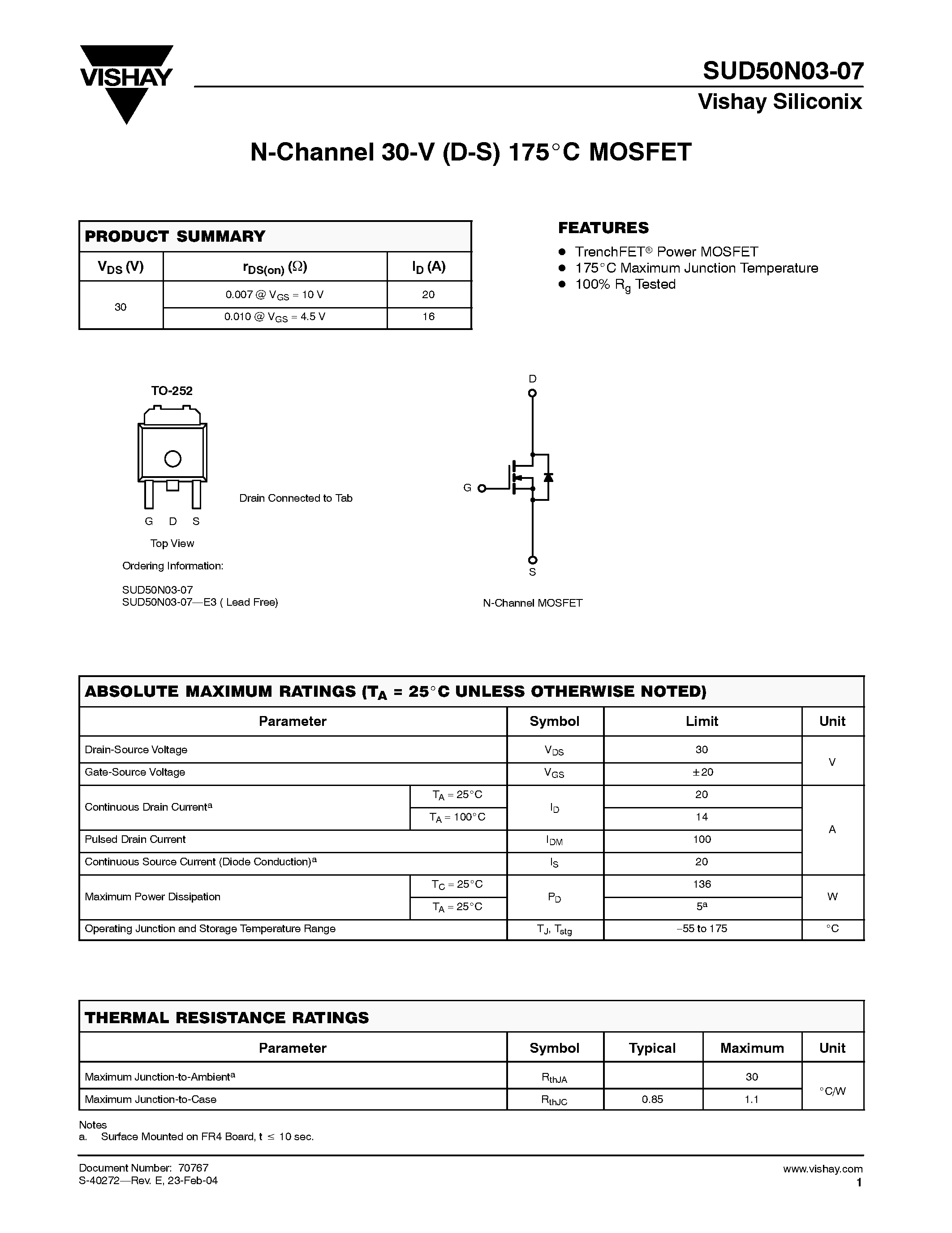 Даташит SUD50N03-07 - P-Channel MOSFET страница 1