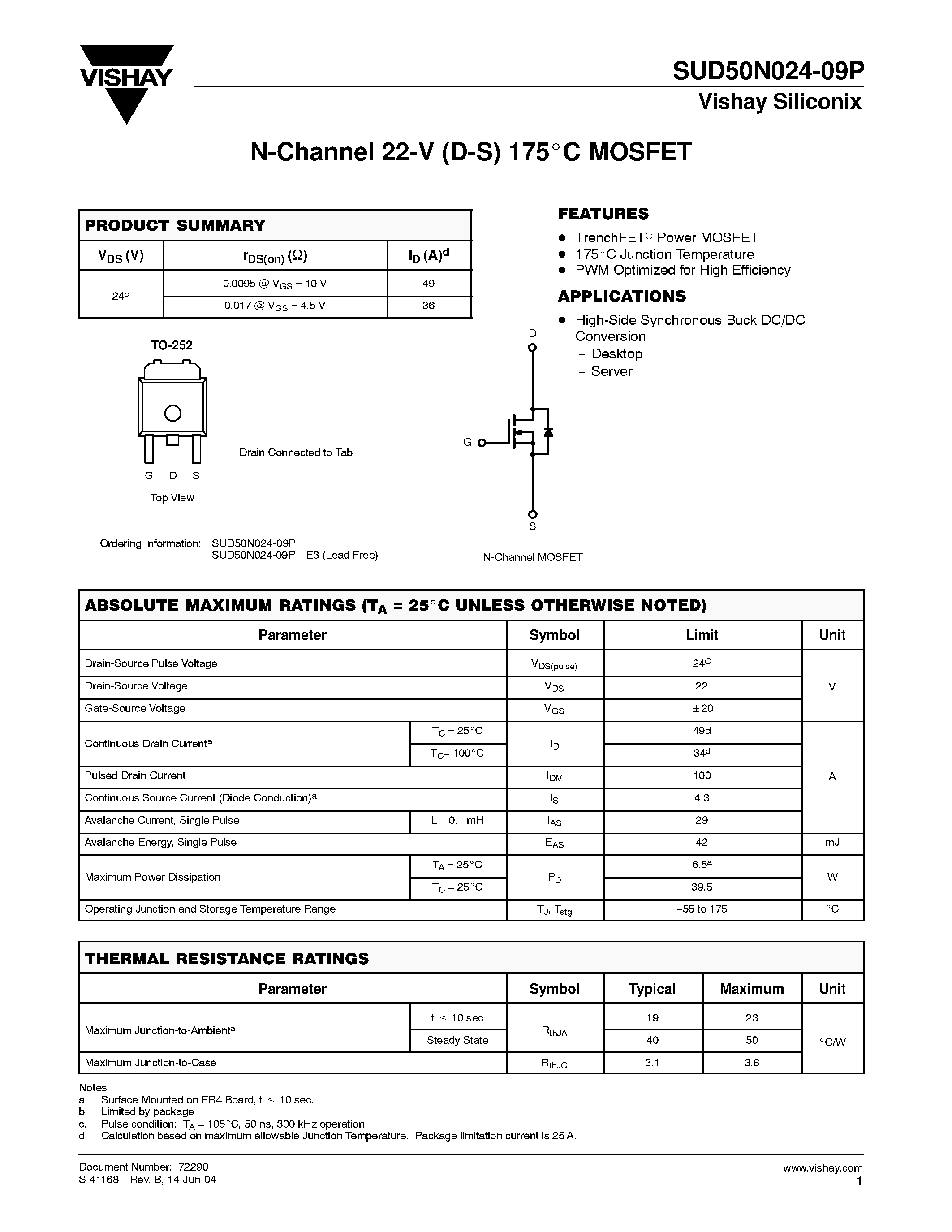 Даташит SUD50N024-09P - P-Channel MOSFET страница 1