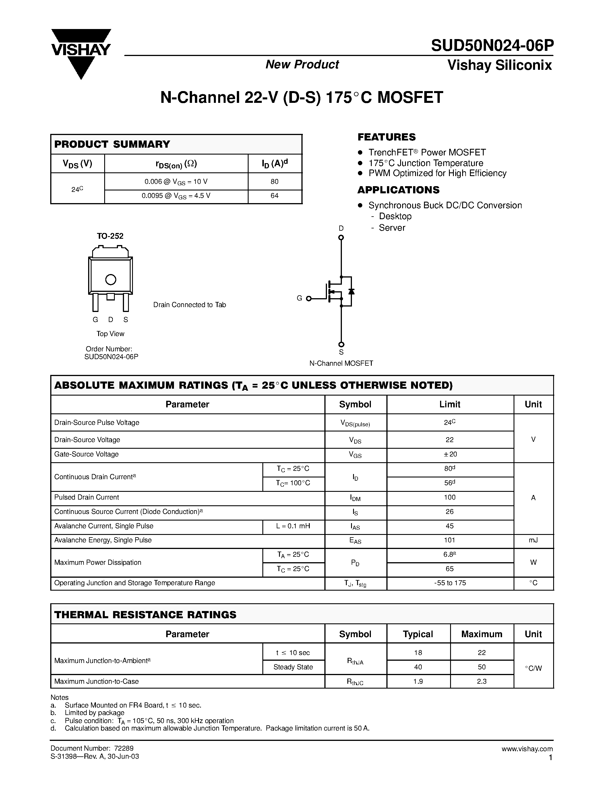 Даташит SUD50N024-06P - P-Channel MOSFET страница 1