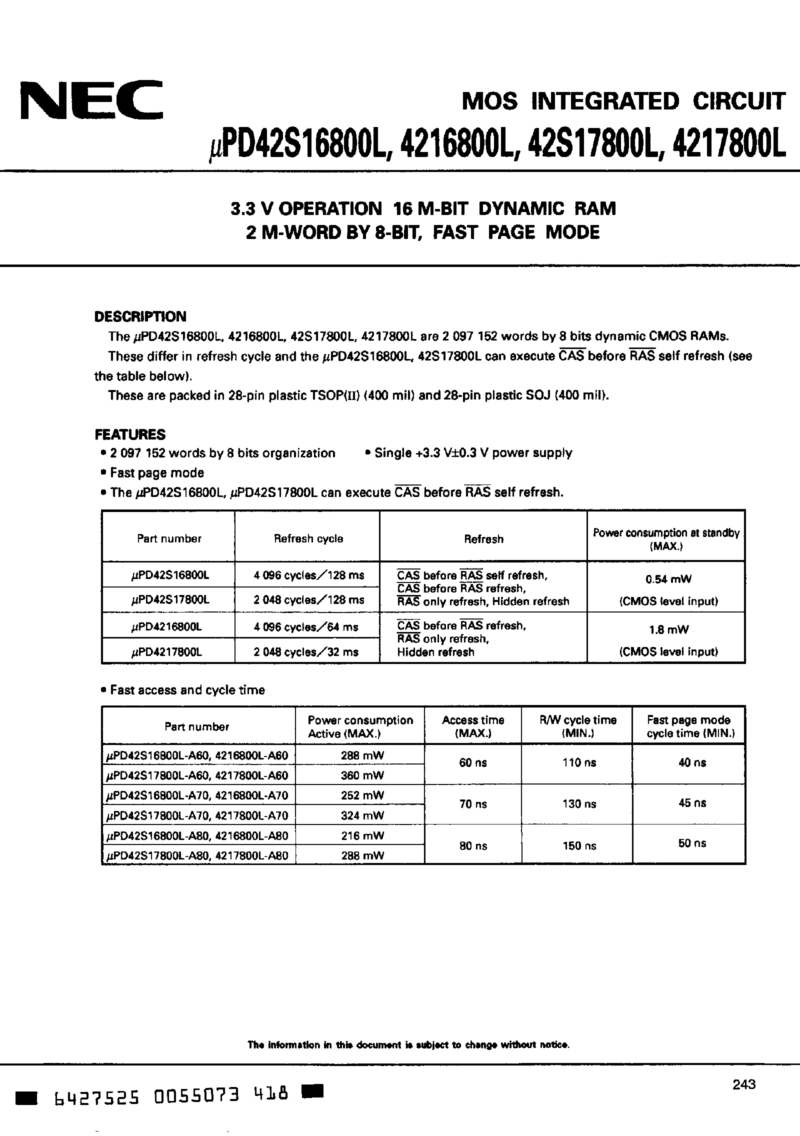 Даташит UPD4216800 - 3.3V Operation 16M-Bit DRAM страница 1